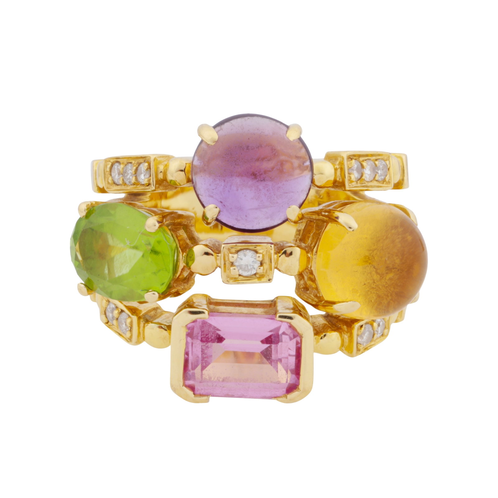 A multi gem-set dress ring Yellow metal: A multi gem-set dress ring Yellow metal Set with vari-cut gems to include a pink sapphire, peridot, amethyst, citrine and diamonds, to trifurcated shoulders, mounted in yellow metal, stamped 750-18K,
