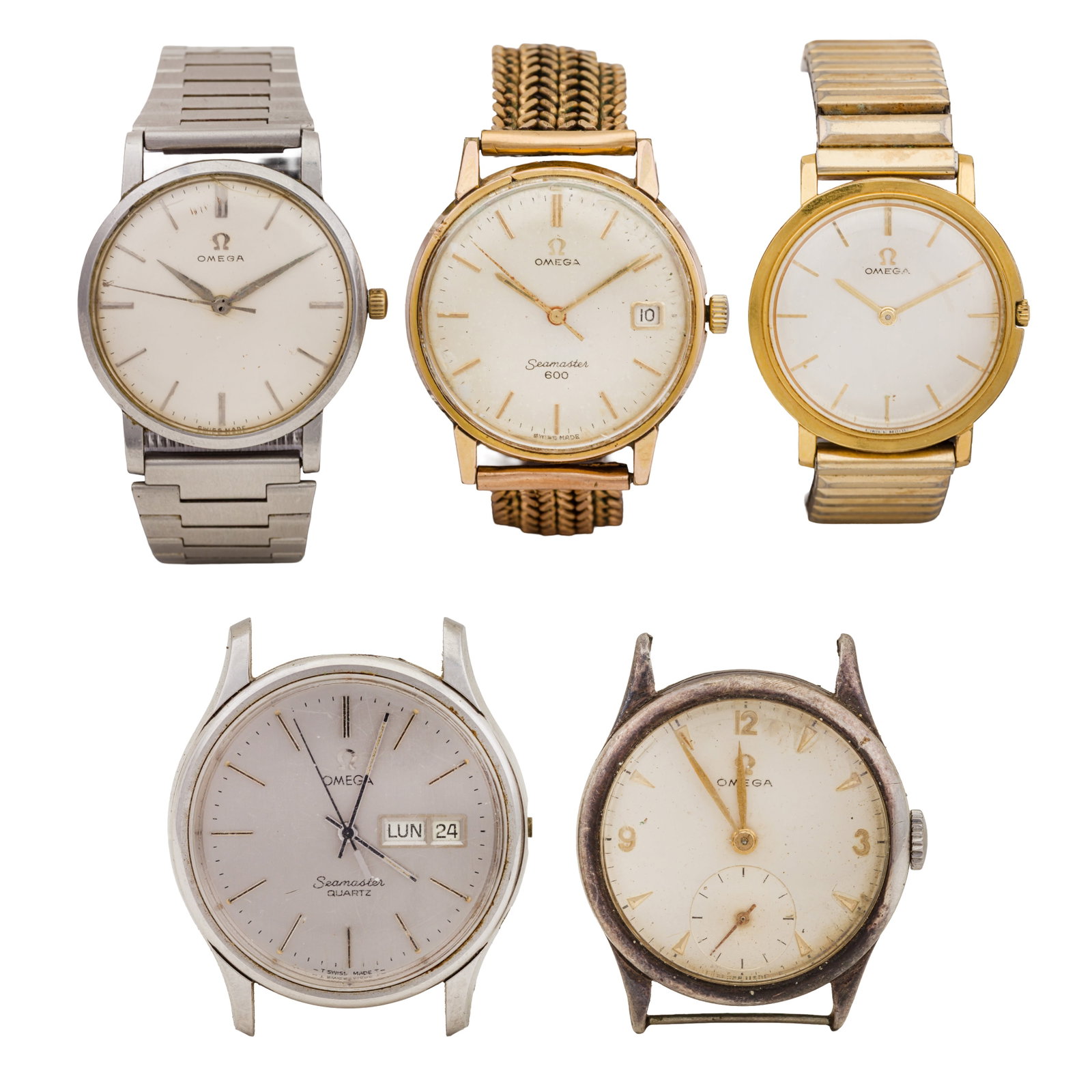 A Group Of Five Omega Watches 2 x Gold-plated, 2 x Stainless steel, 1 x Silver: A Group Of Five Omega Watches 2 x Gold-plated, 2 x Stainless steel, 1 x Silver 1 x Omega Seamaster 600, ref: 136.011, gold-plated, silvered dial, date aperture, mechanical, hand-wound, cal.611, later