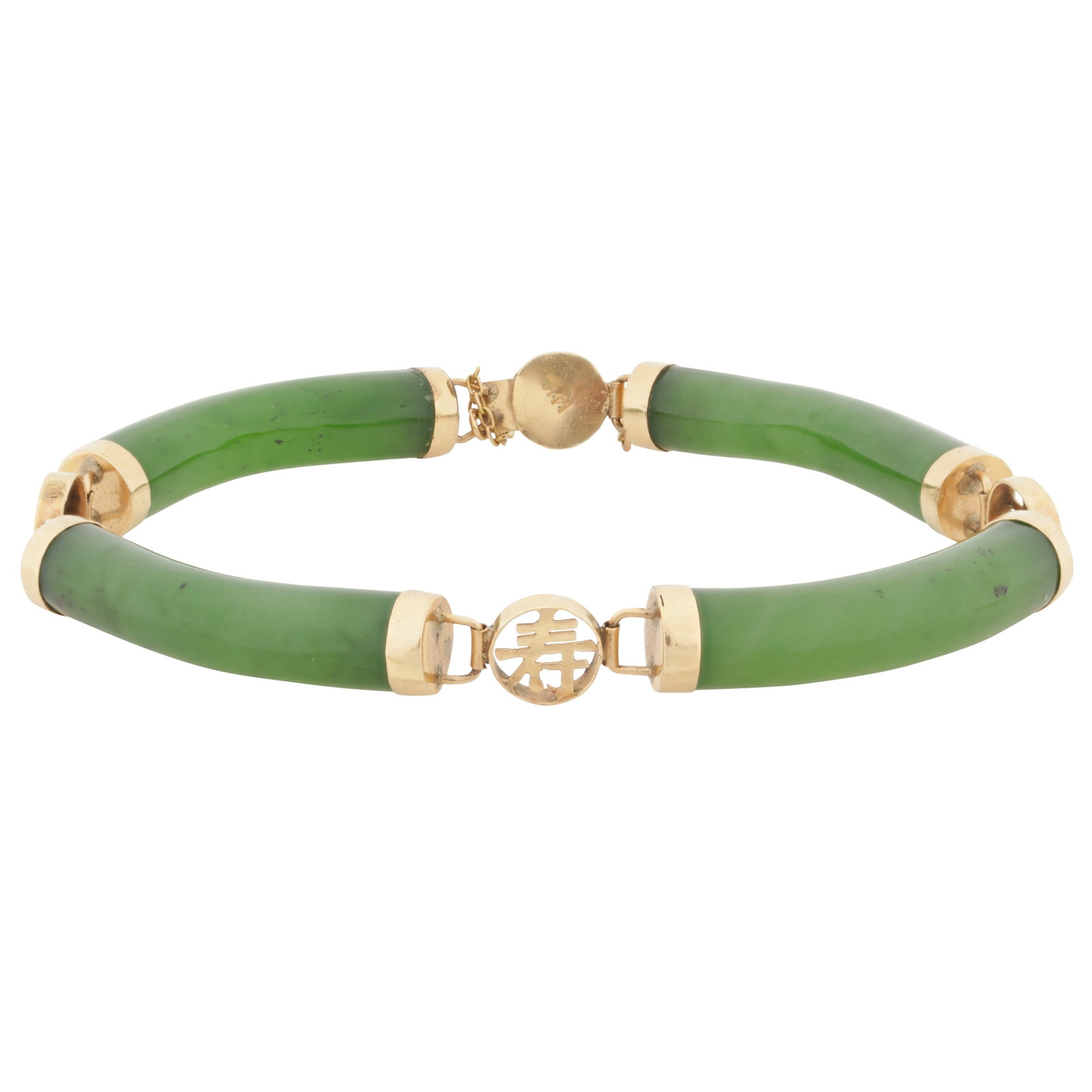 A jade bracelet Yellow metal: A jade bracelet Yellow metal Of articulated design, composed of four nephrite links interspersed with Chinese characters circular spacers, push clasp and safety chain, stamped 14k, length 18.5cm
