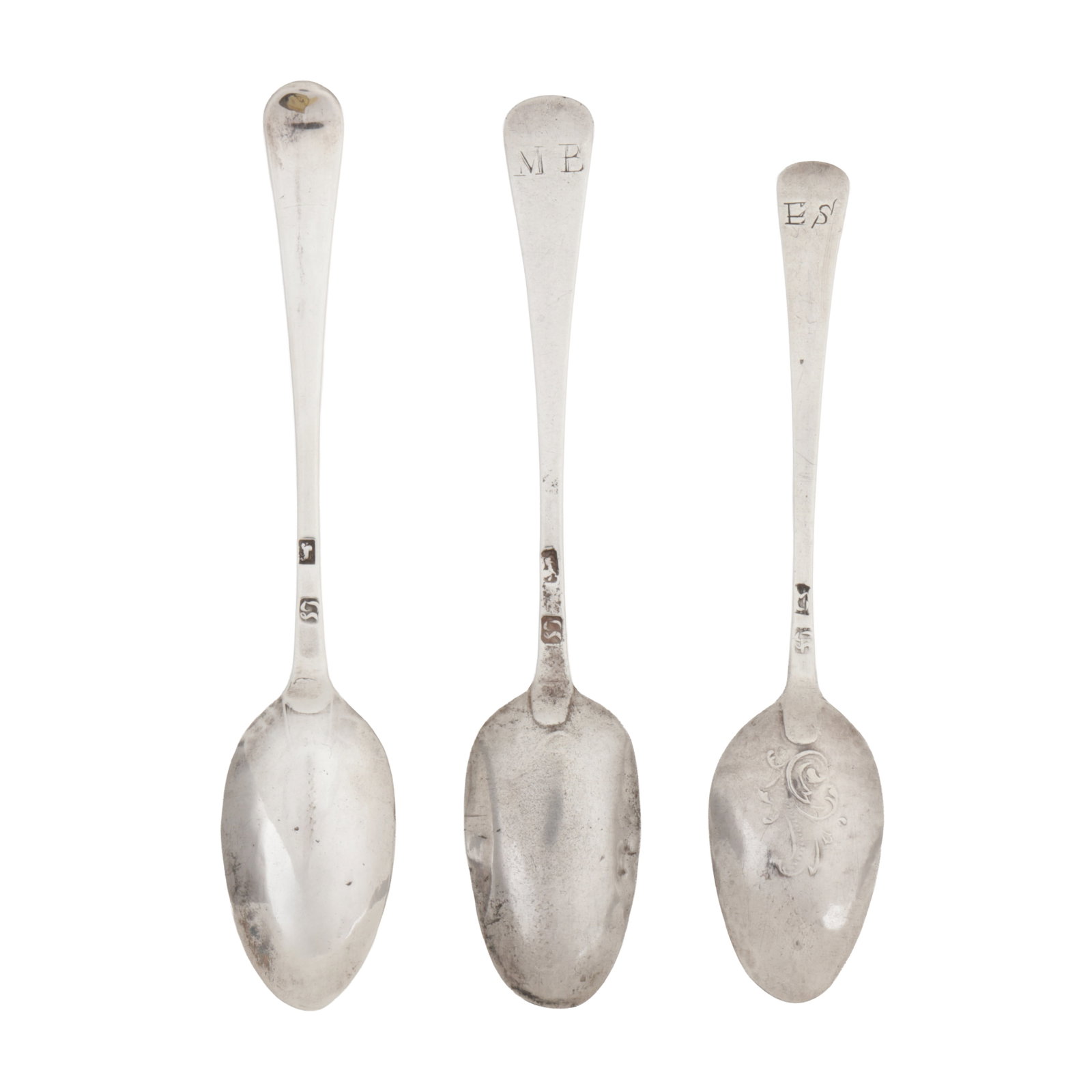 Durham circa 1760-70 by Samuel Thompson II (active c. 1751-84) Three George II/III provincial sterli: Durham circa 1760-70 by Samuel Thompson II (active c. 1751-84) Three George II/III provincial sterling silver teaspoons Two Hanoverian pattern, one with fancy back engraved to the terminal with