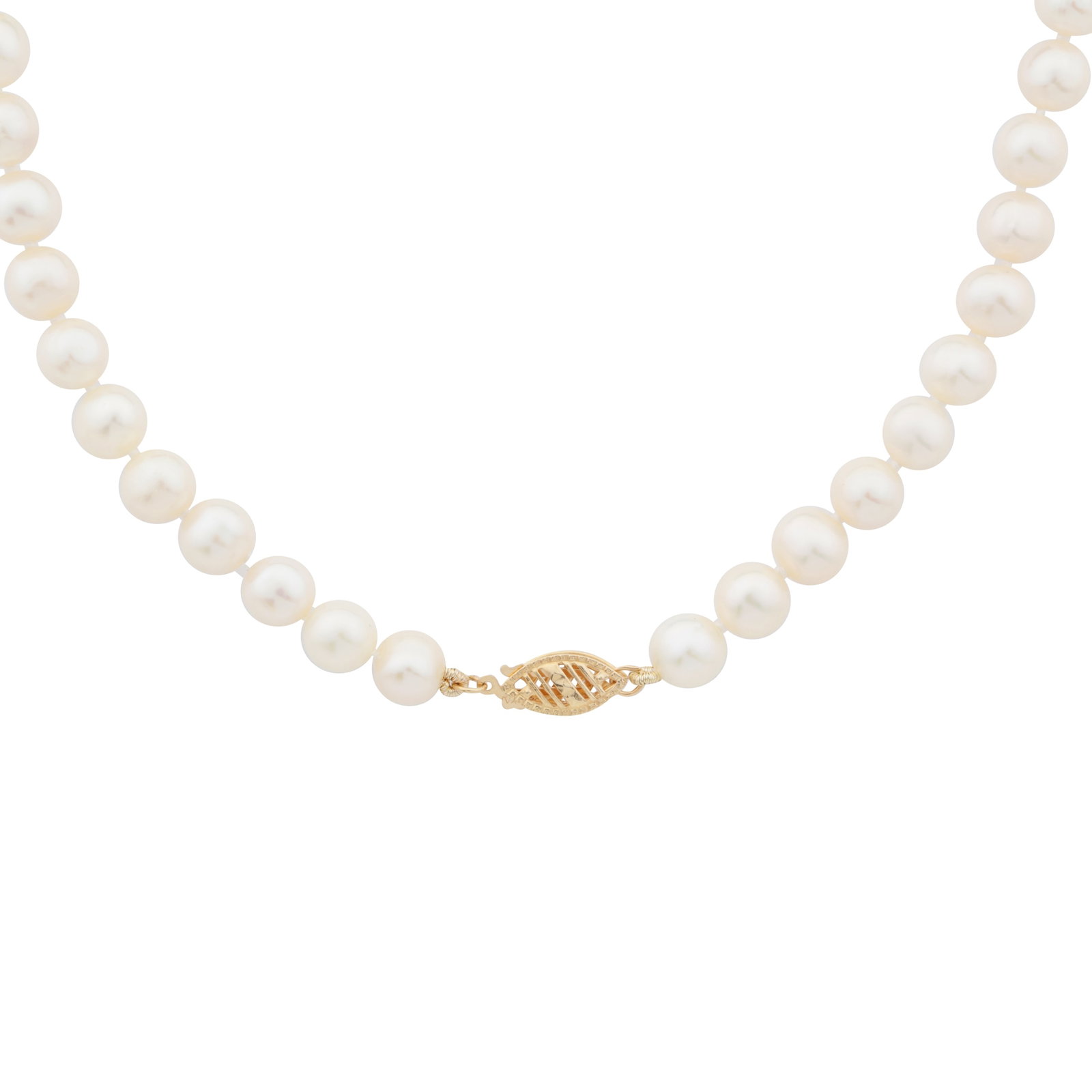 A single strand pearl necklace Yellow metal: A single strand pearl necklace Yellow metal Set with 6.7-6.9mm round and near-round cultured pearls of white tint, to a fish hook clasp, stamped 10K, length 41.0cm