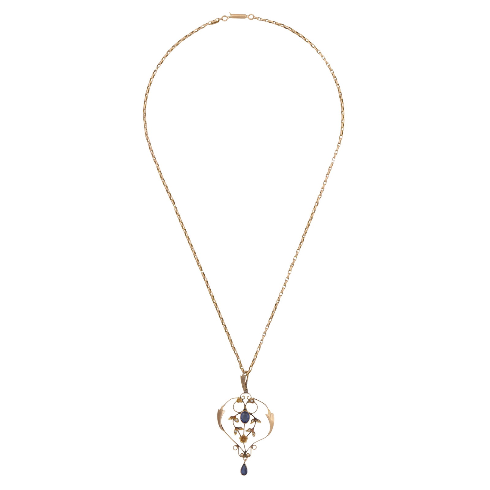 A sapphire and pearl pendant necklace Yellow metal - 2