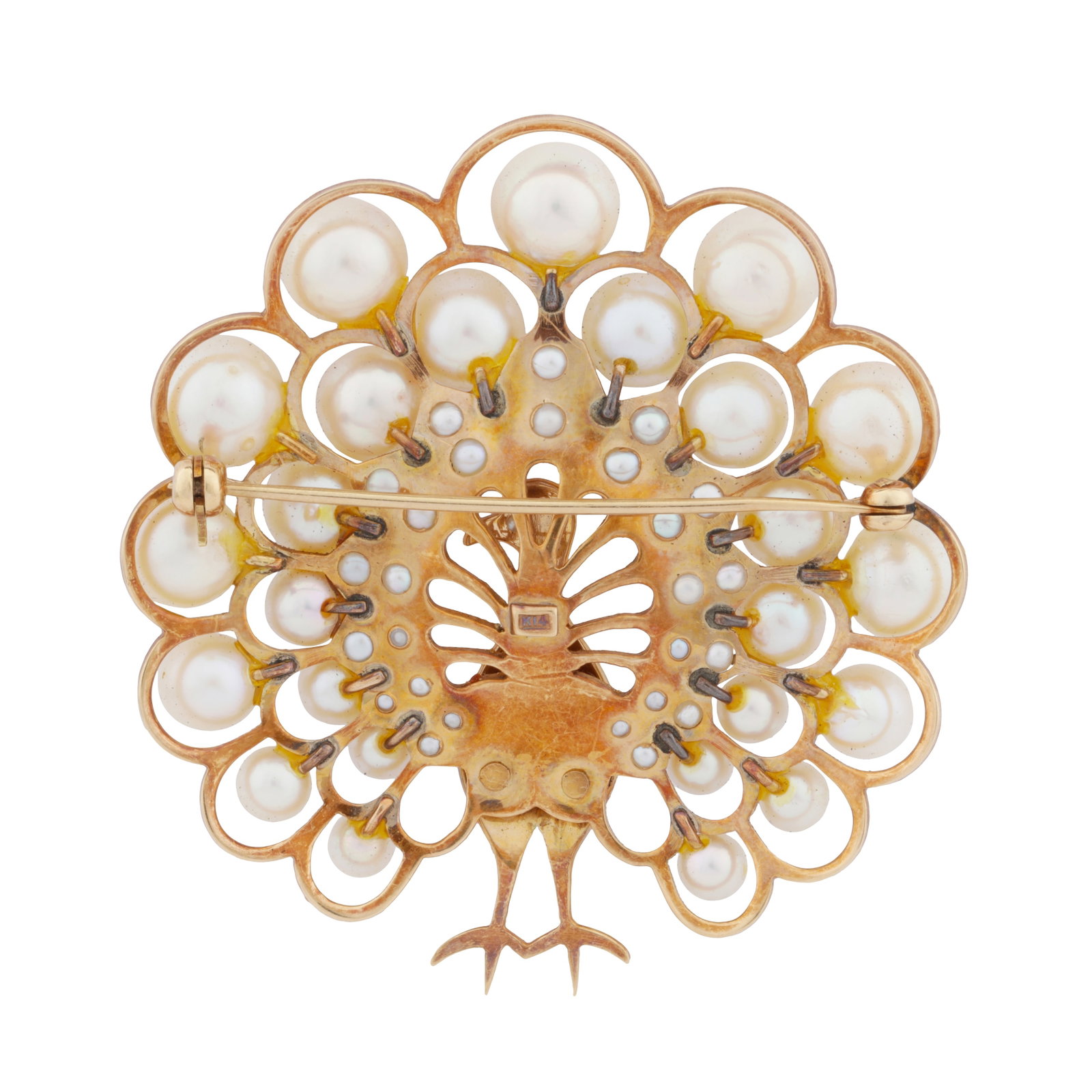 A pearl peacock brooch Yellow metal - 2