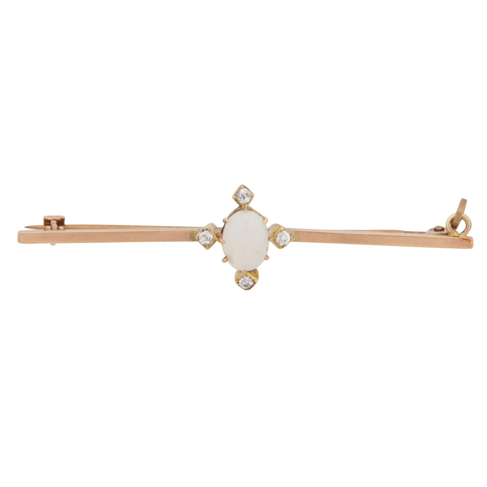 An opal and diamond bar brooch Yellow metal: An opal and diamond bar brooch Yellow metal Centrally claw-set with an oval-cut white opal cabochon, sided by four old-cut diamonds, to a bar brooch of polished design, pin and safety chain,