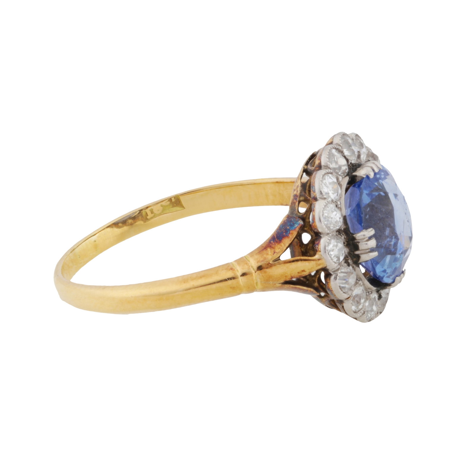 A sapphire and diamond halo ring Yellow and white metal - 2