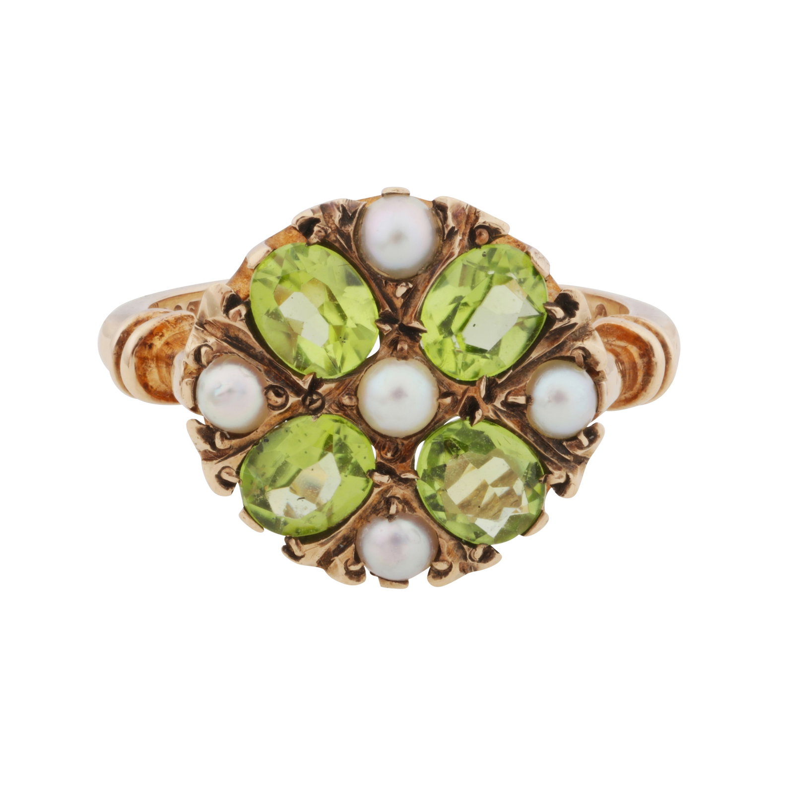 A peridot and seed pearl ring 9ct yellow gold: A peridot and seed pearl ring 9ct yellow gold Of cluster floral design, set with oval-cut peridots and seed pearls, to decorated shoulders, maker's mark, UK hallmark, size P, together with a heart-sha