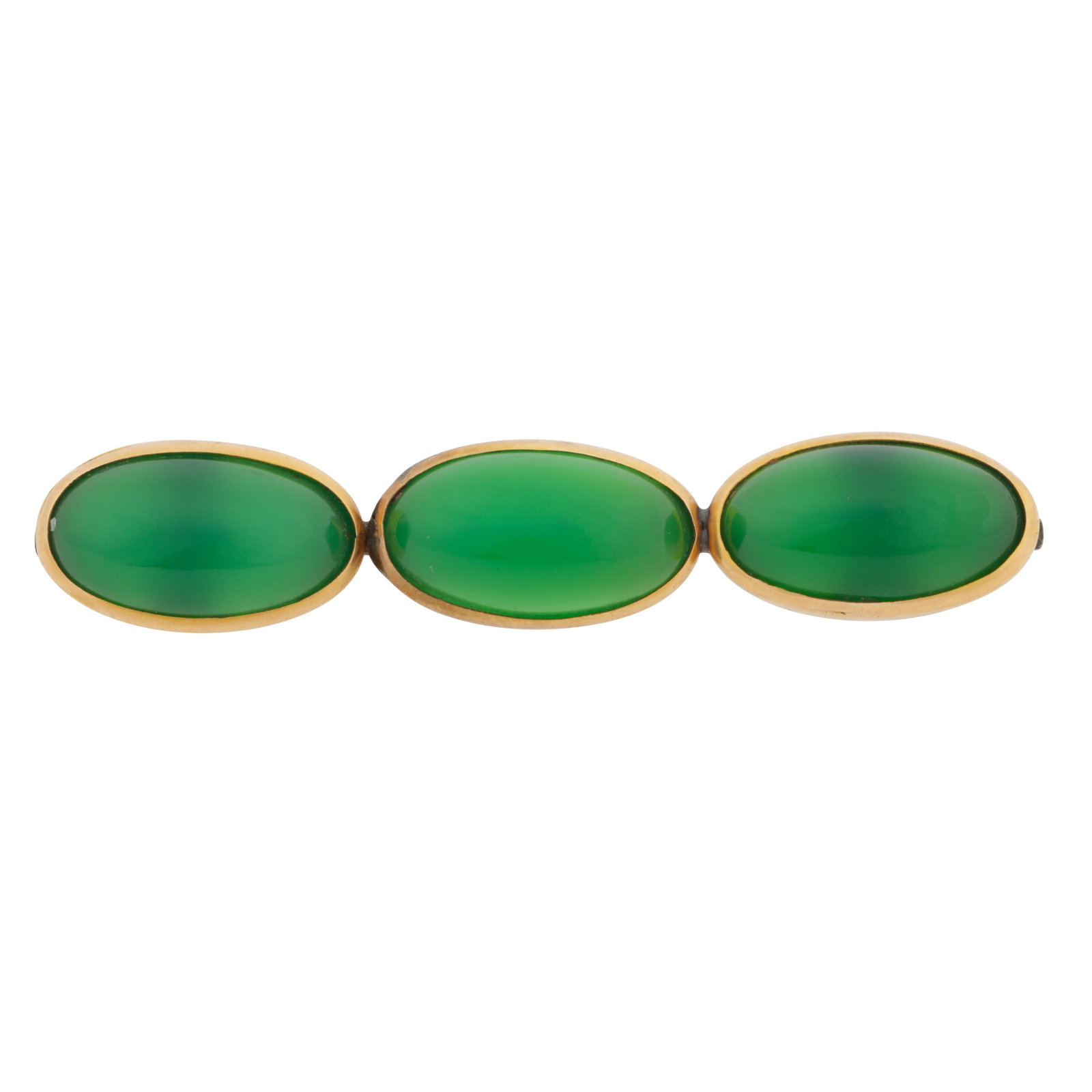 A green chalcedony brooch Yellow metal: A green chalcedony brooch Yellow metal Of linear design, collet-set with three oval-cut green chalcedony cabochons, unmarked, length 5.7cm The item has been XRF tested and found to be 15ct gold