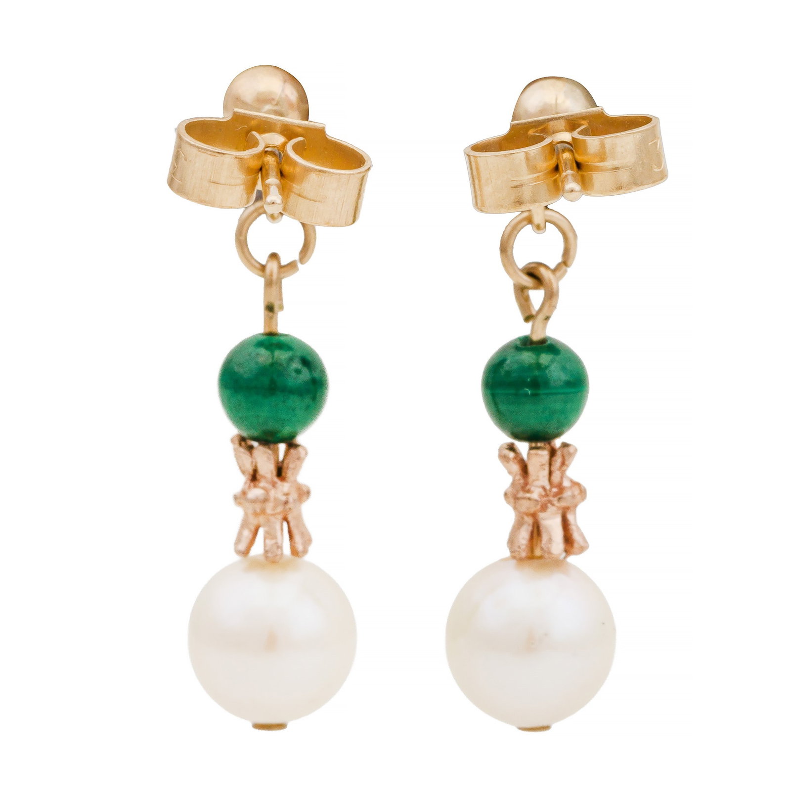 A pair of pearl and malachite earrings Yellow metal - 2