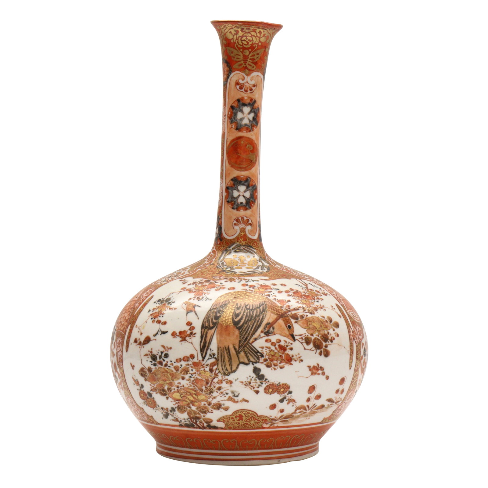 A Japanese Kutani vase, Meiji period, 19th century: Of globular form with a slender neck, painted with birds perched amongst blossoms, the base with a six-character mark in iron-red Size:(29cm high) Qty: (1)
