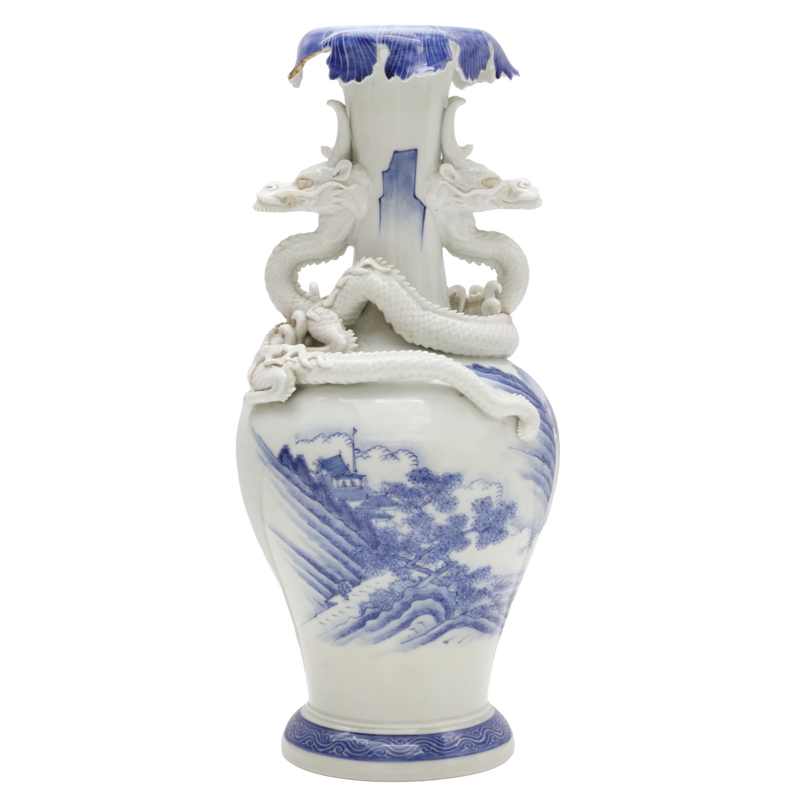 A Japanese Hirado 'dragon' vase, Meiji period, late 19th century: The finely potted and moulded Hirado Hizen ware vase rising from a splayed foot and with an elongated neck rising to an everted rim moulded to resemble flower petals, further applied with two coiling 