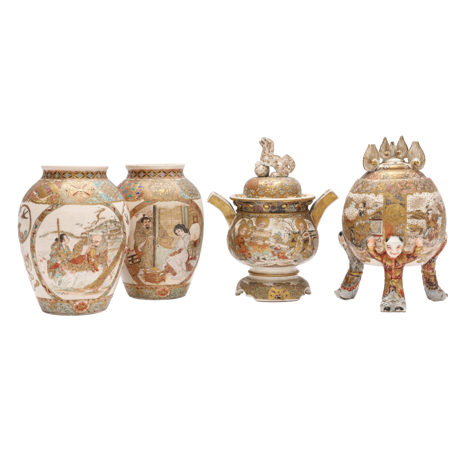 Four pieces of Japanese Satsuma porcelain, early 20th century: Comprising two ovoid jars, each decorated with panels enclosing figural scenes interspersed with decorative fans and clusters of blossoms, together with two koro and covers, one with an inscription to