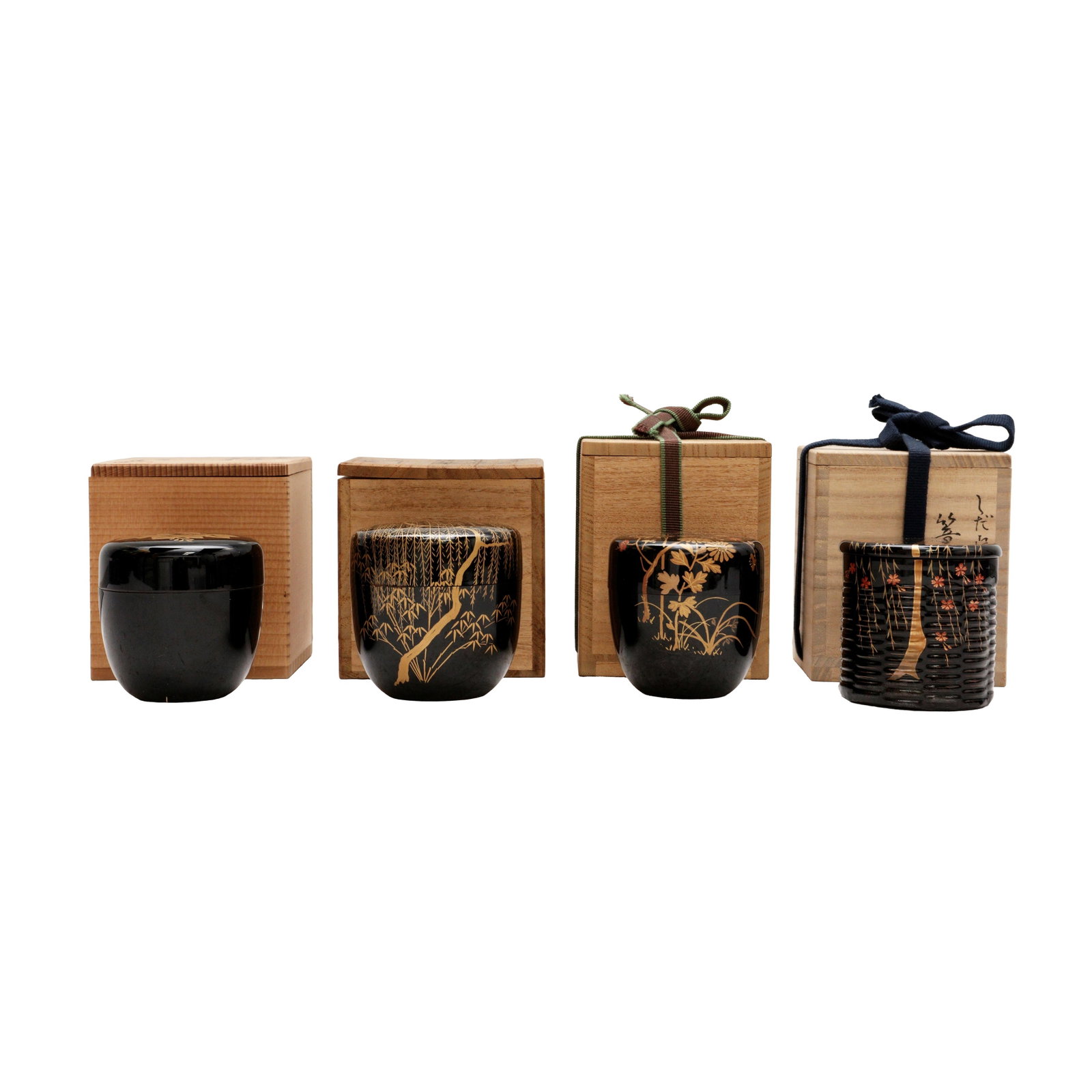 A group of four Japanese lacquer and maki-e natsume tea caddies, 20th century (1 of 17)