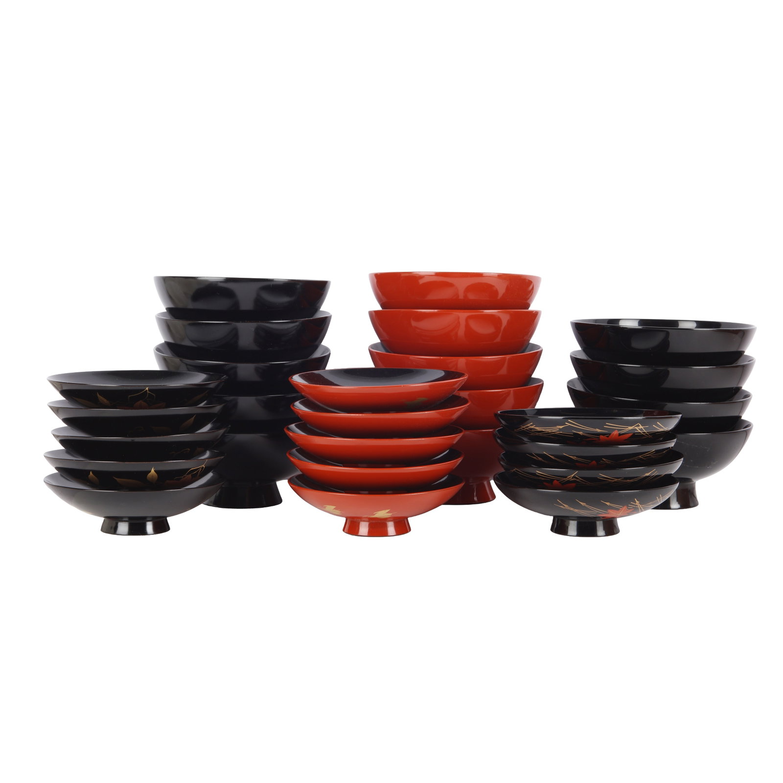 A group of Japanese lacquer bowls, 20th/21st century: Comprising three sets of bowls, each with matching covers, executed in black and red lacquer; one set with red exteriors and contrasting black interiors and the remaining two sets in plain black lacqu