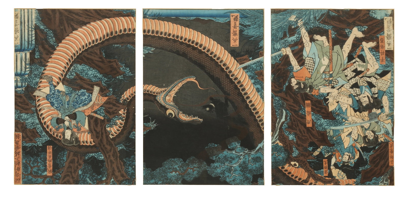 Utagawa Yoshitsuya (Japanese, 1822-1866) Yorimitsu Tries to Capture Hakamadare by Destroying His: Japanese woodblock print, triptych, each sheet signed Ichieisai Yoshitsuya, published Tsutaya Kichizo (Koeido), 4th month 1858 Size:(33.5 x 23.1cm (each, unframed); 56.6 x 95.4cm (framed)) Qty: (1) Pr