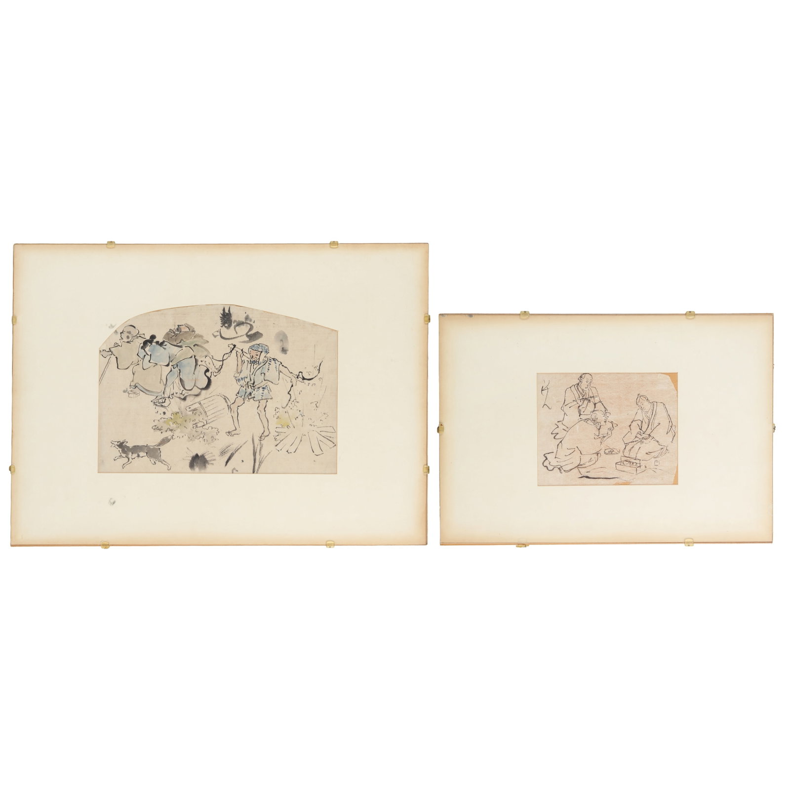 Utagawa Kuniyoshi (Japanese, 1797-1861) Two figural drawings: Comprising, two drawings paper, both framed and glazed Size:(22.3 x 31.5cm?and 13.4 x 16.8cm) Qty: (2) Provenance: Stauffer Collection; Exhibited at the Kuniyoshi Centenary exhibition at the Victoria 