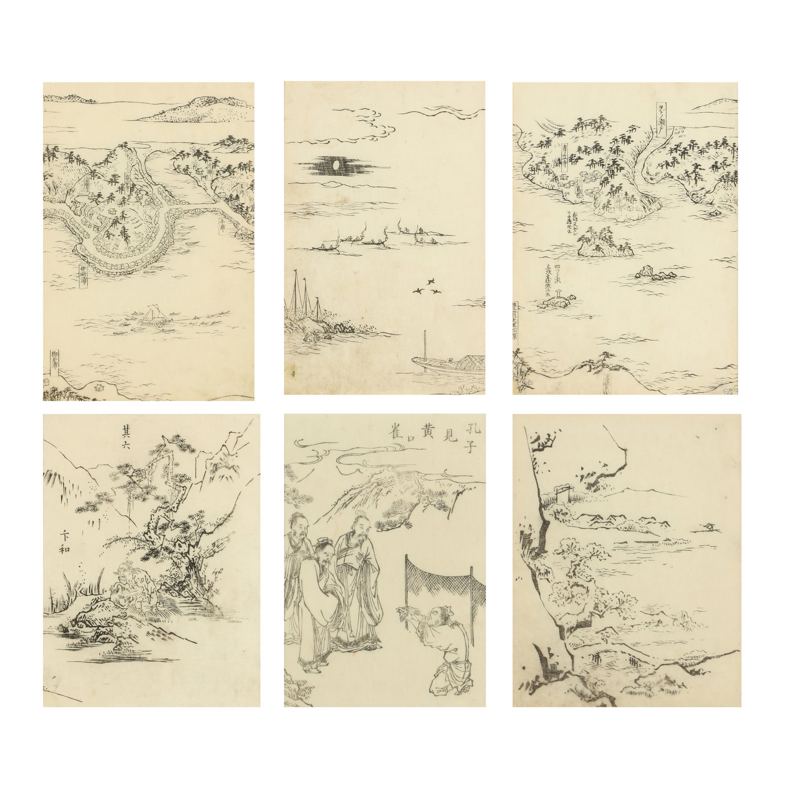Tachibana Morikuni (Japanese,1679?1748) Woodblock prints: Comprising six back and white Japanese woodblock prints of reproductions from works by famous Japanese artists of Chinese School, including various landscaped and figural scenes, all framed and glazed