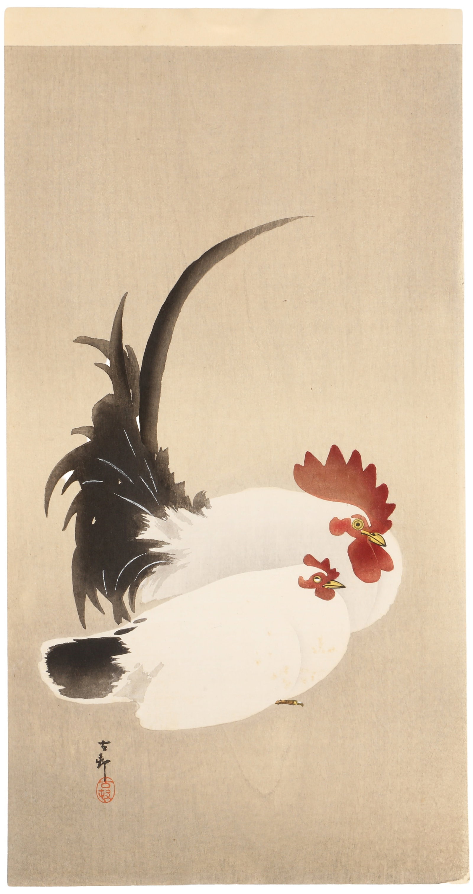 Ohara Koson (Japanese, 1877?1945): A Japanese woodblock print, tanzuku, titled Tsugai no niwatori (Rooster and Hen ), signed and sealed Koson Size:(36.2 x 19cm) Qty: (1) Provenance: From a Japanese private collection