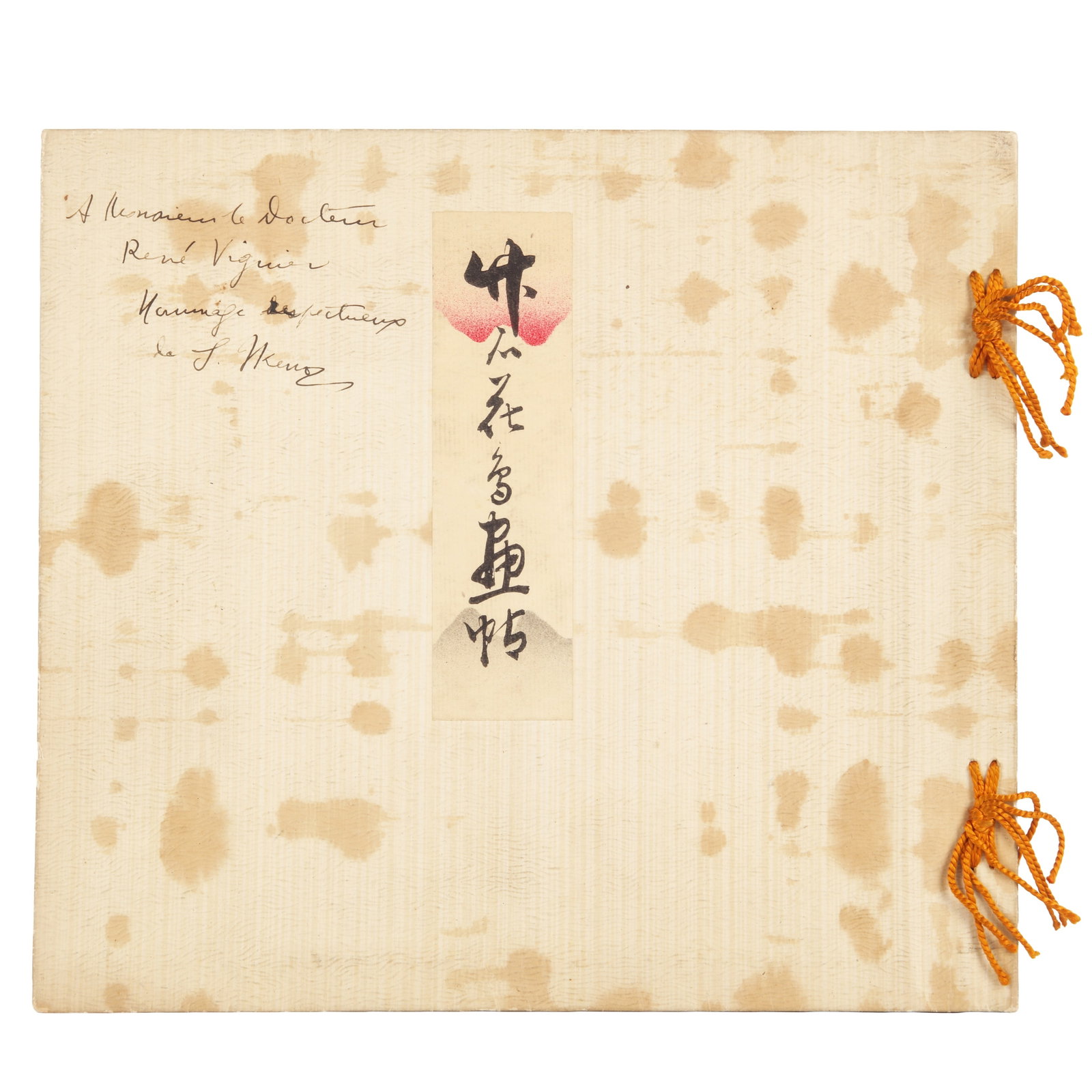 A Japanese album of birds and flowers, Meiji period: The Japanese bound themed album of bird and flower prints including artists Nagamachi Chikuseki, Iwasaki Tsunemasa, among others, with an inscription in French dedicating the album to 'Docteur Rene Vi