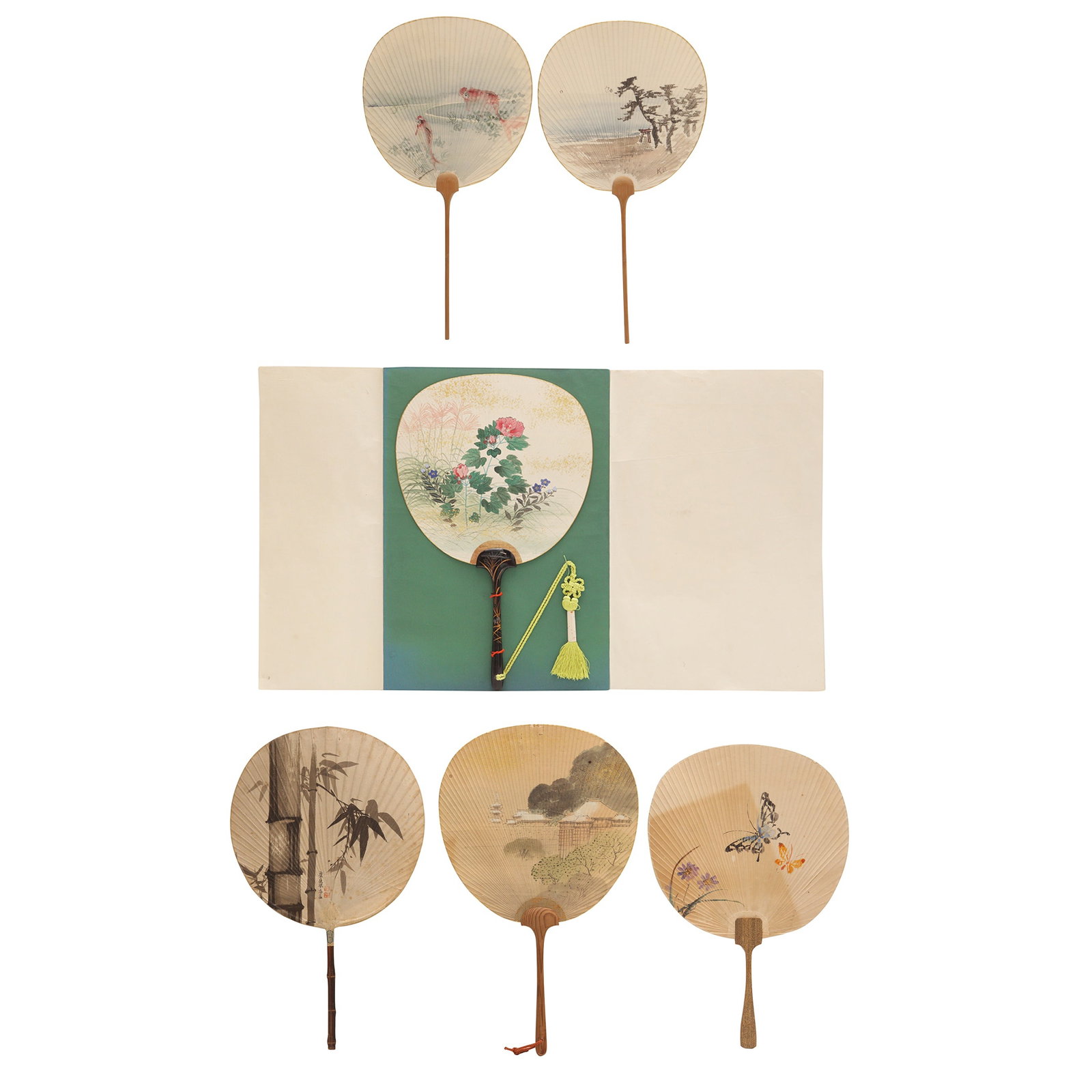 A group of Japanese rigid circular fans, early 20th century, Taisho period (1 of 7)