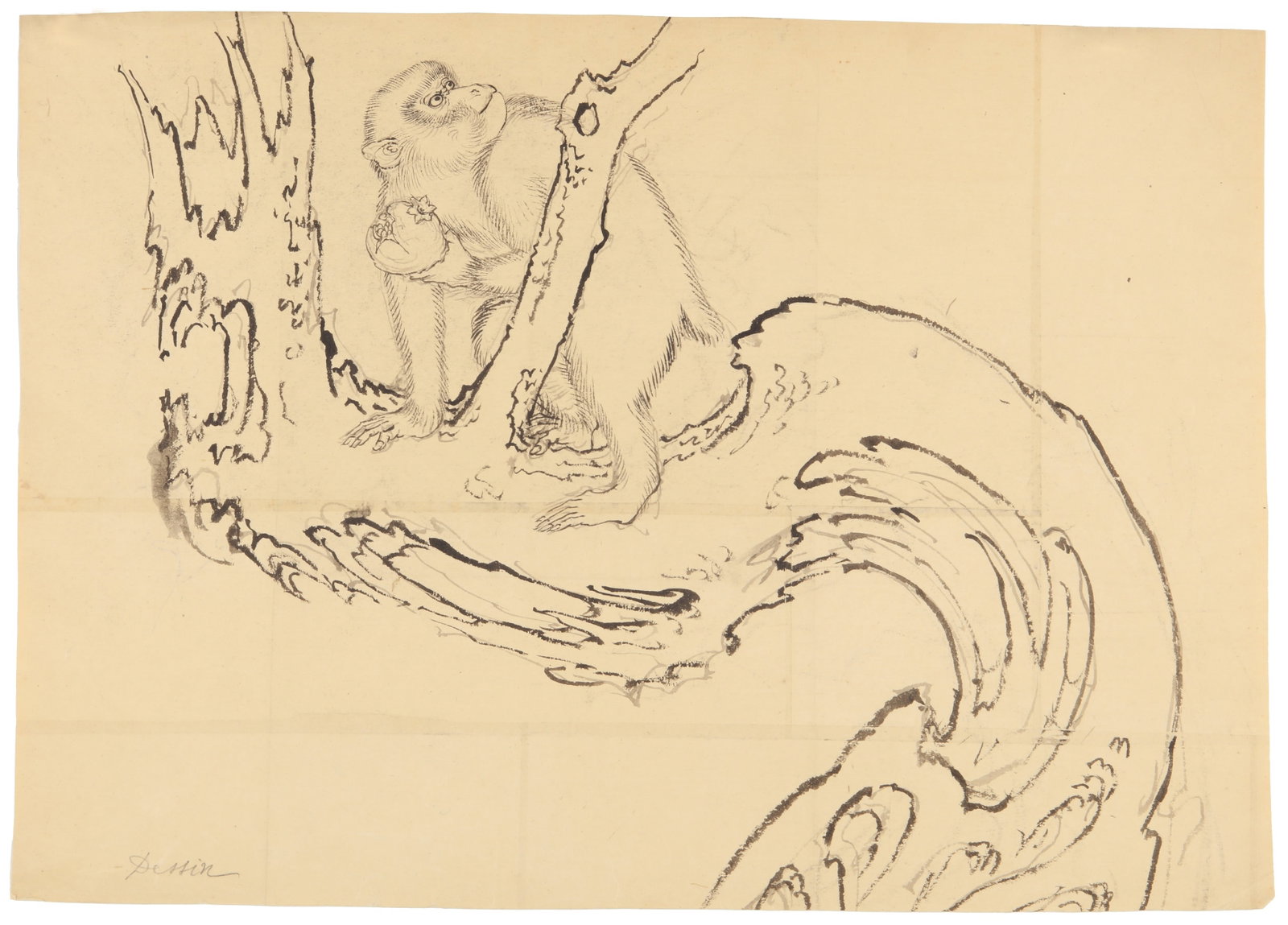 A Japanese ink on paper painting of a monkey, Edo - Meiji period: The well executed study depicting a monkey standing on a gnarled trunk eating a pomegranate Size:(32.5 x 45.5cm) Qty: (1) Provenance: Private Collection, UK