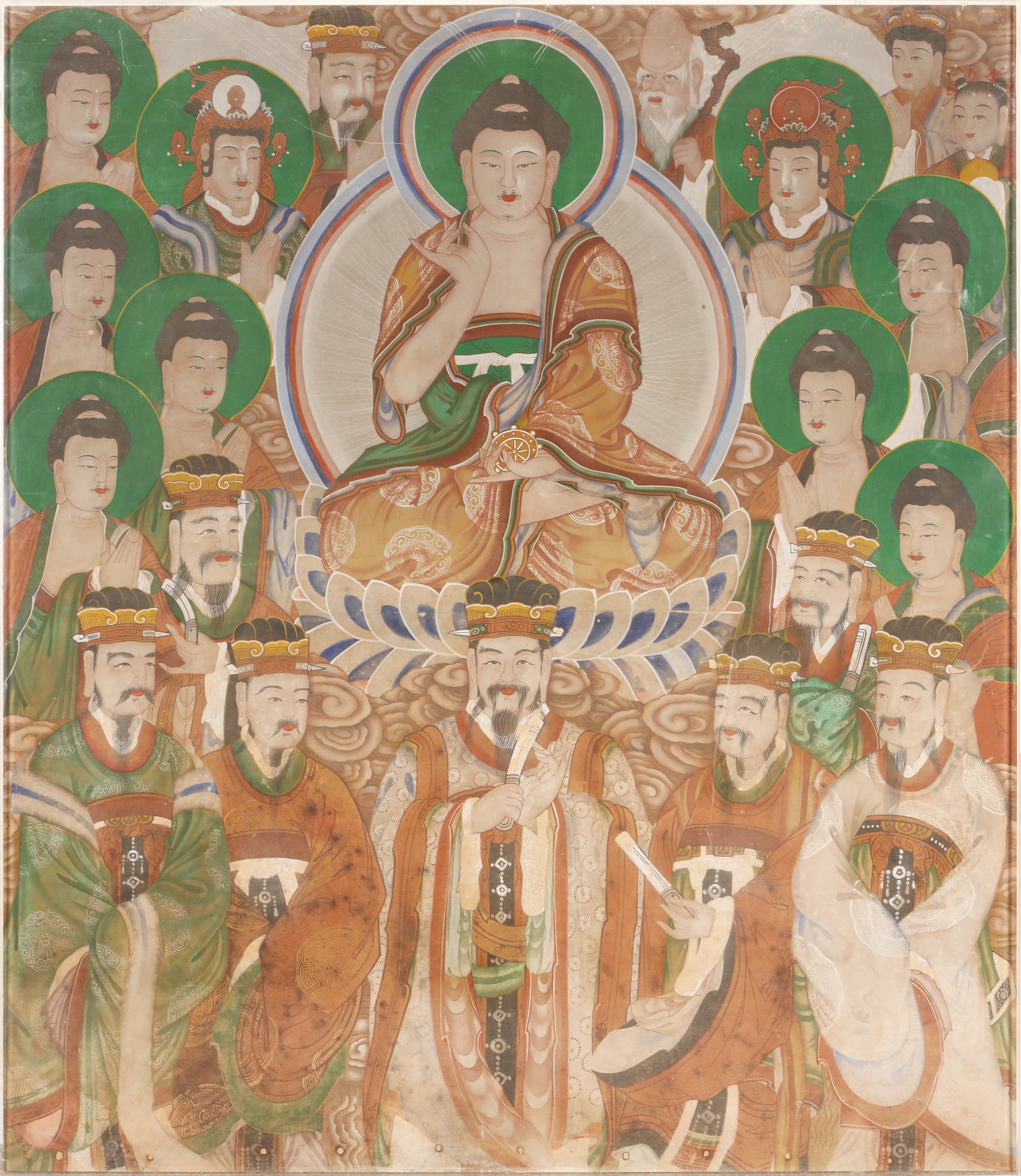 A Korean 'chilseongdo' Seven Stars Buddhas painting, Joseon dynasty, 19th century: The large Korean Buddhist painting on Hanji paper, depicting the Seven Stars Buddhas (chilseongdo), framed and glazed Size:(134cm x 114.5cm x 3.5cm) Qty: (1) Notes: Please refer to similar painting ho