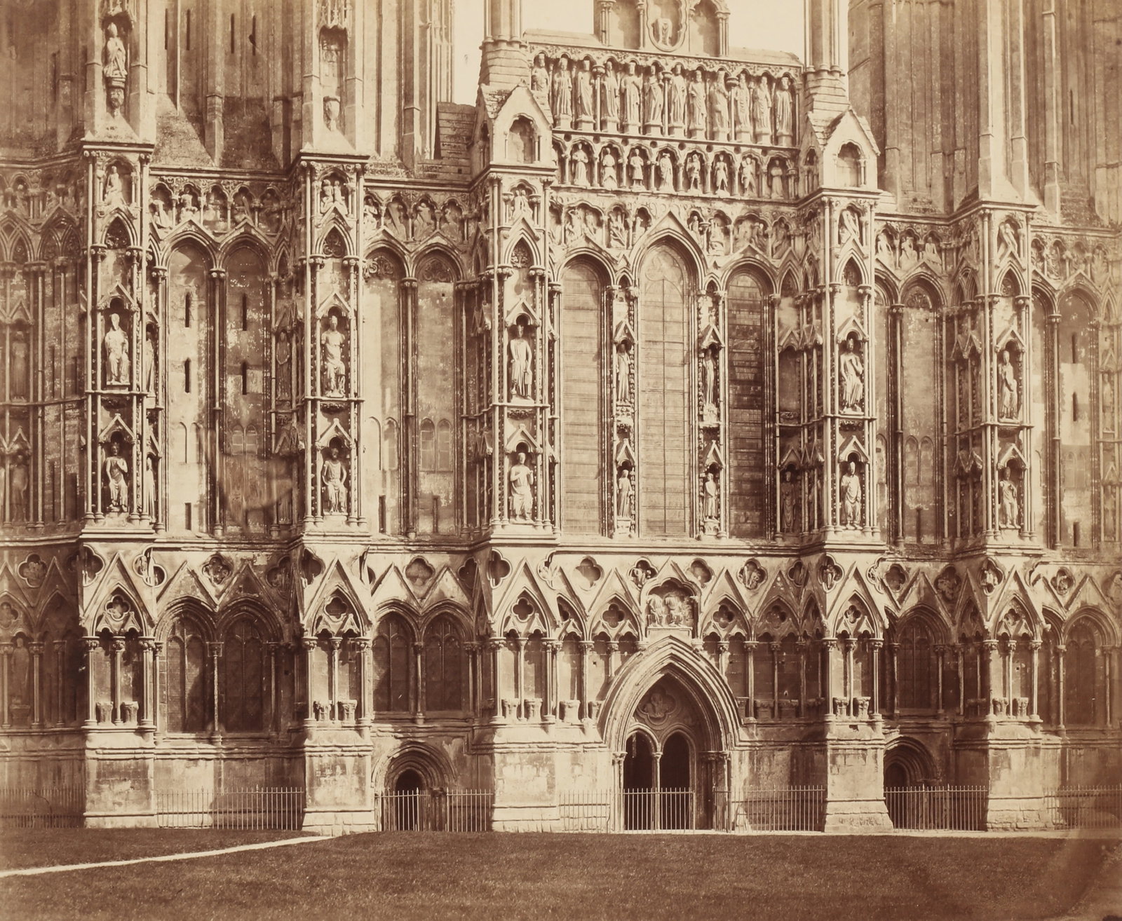 Roger Fenton (1819-1869) Sculptures of the West Front, Wells Cathedral, c.1857: Albumen print from wet collodion glass negative, image size 35.5 x 43.5cm, pasted onto original paper support measuring 51 x 69cm, titled in an unknown hand in pencil, with Fenton's printed credit bel