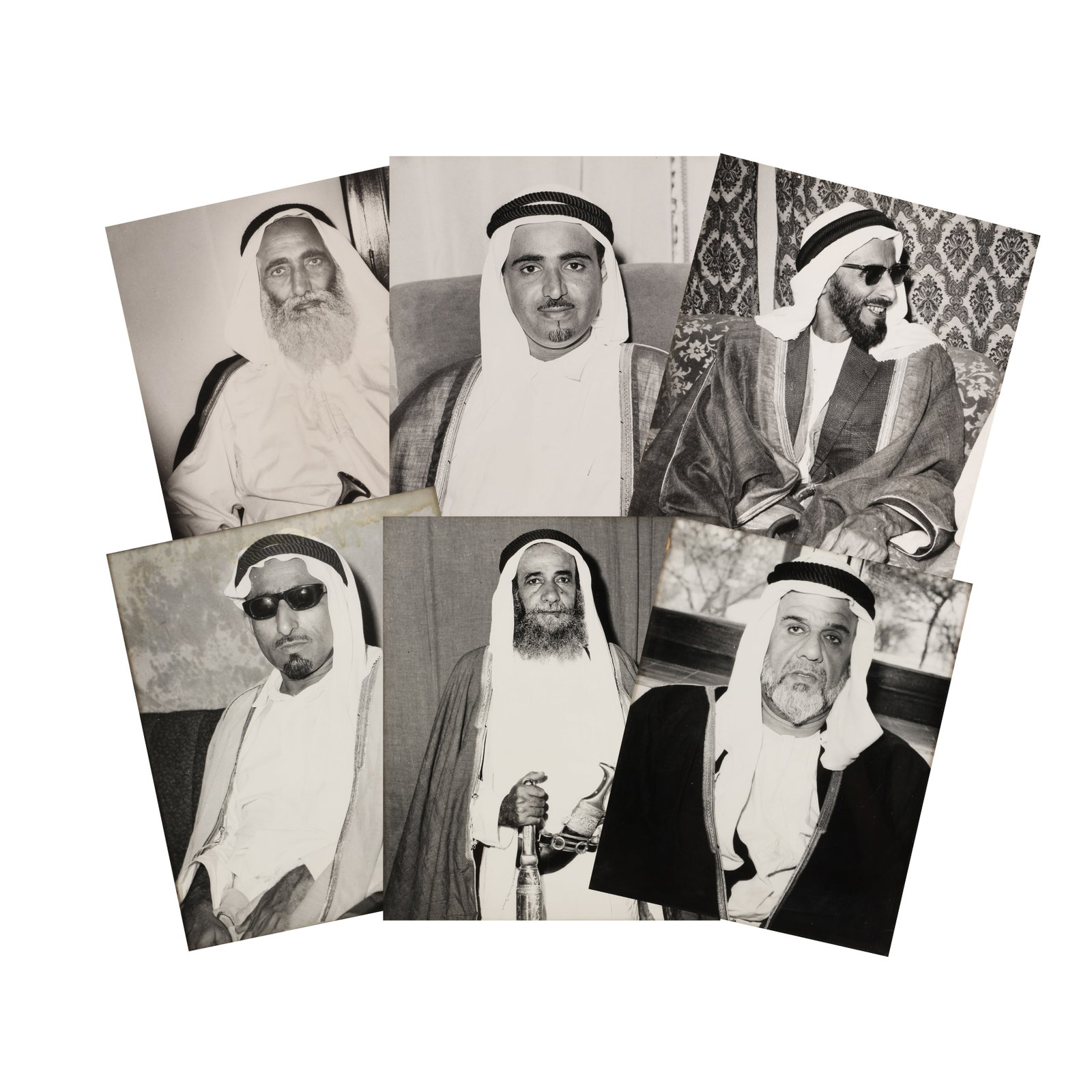 Noor Ali Rashid, attr. (1929-2010) Portraits of Leaders of the Trucial States, 1960s: A rare group of six vintage silver gelatin print portraits of Trucial State rulers, prior to the formation of the United Arab Emirates in 1971. Each print measuring approx. 30 x 25.5cm, one with Rashi