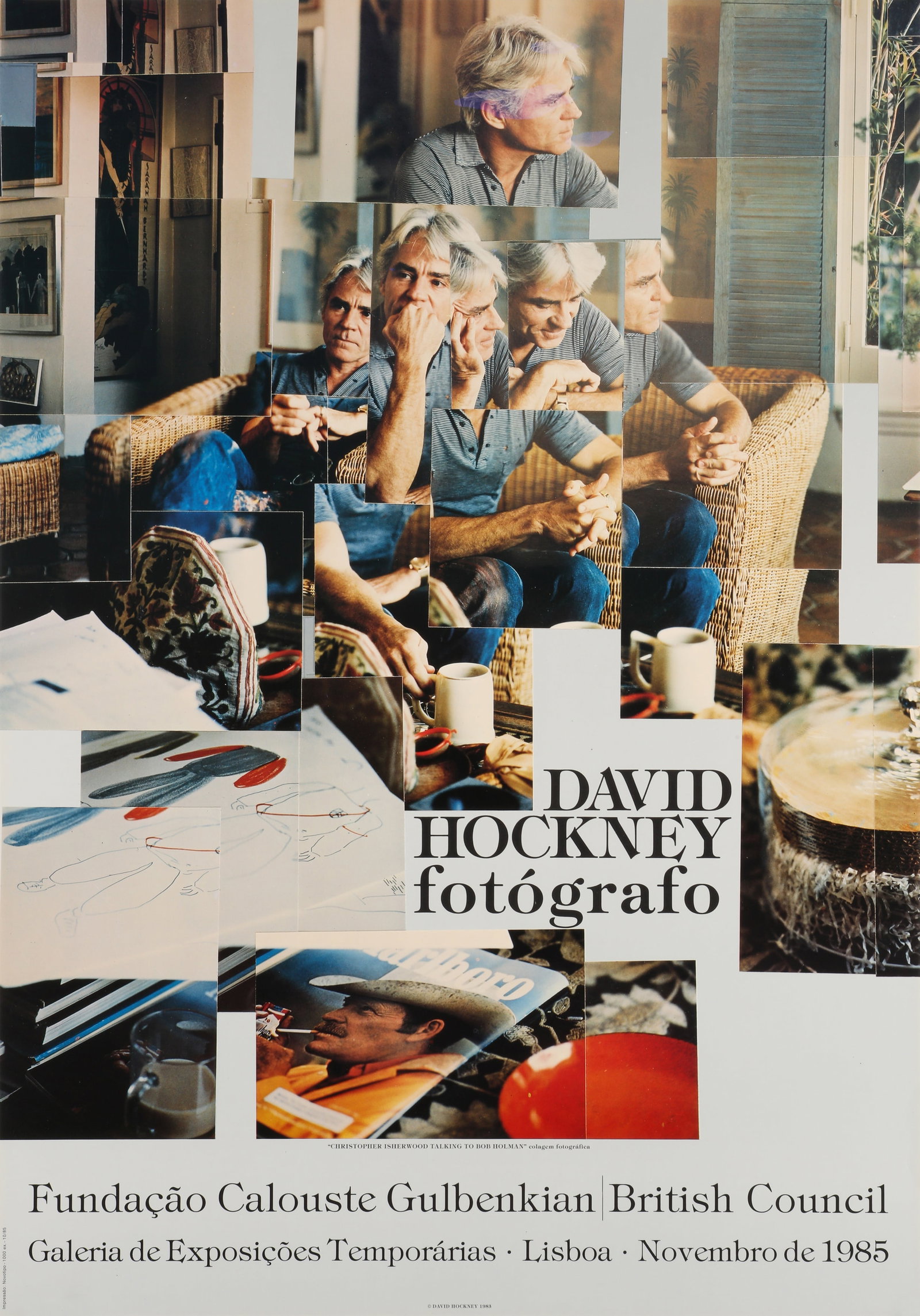 David Hockney O.M. C.H. R.A. (British, 1937-2026) David Hockney: Fotografo at Fundacao Calouste: Offset lithographic poster in colours, overall measuring 67.5 x 47.5cm, featuring Hockney's photocollage titled Christopher Isherwood Talking to Bob Holman, 1982.