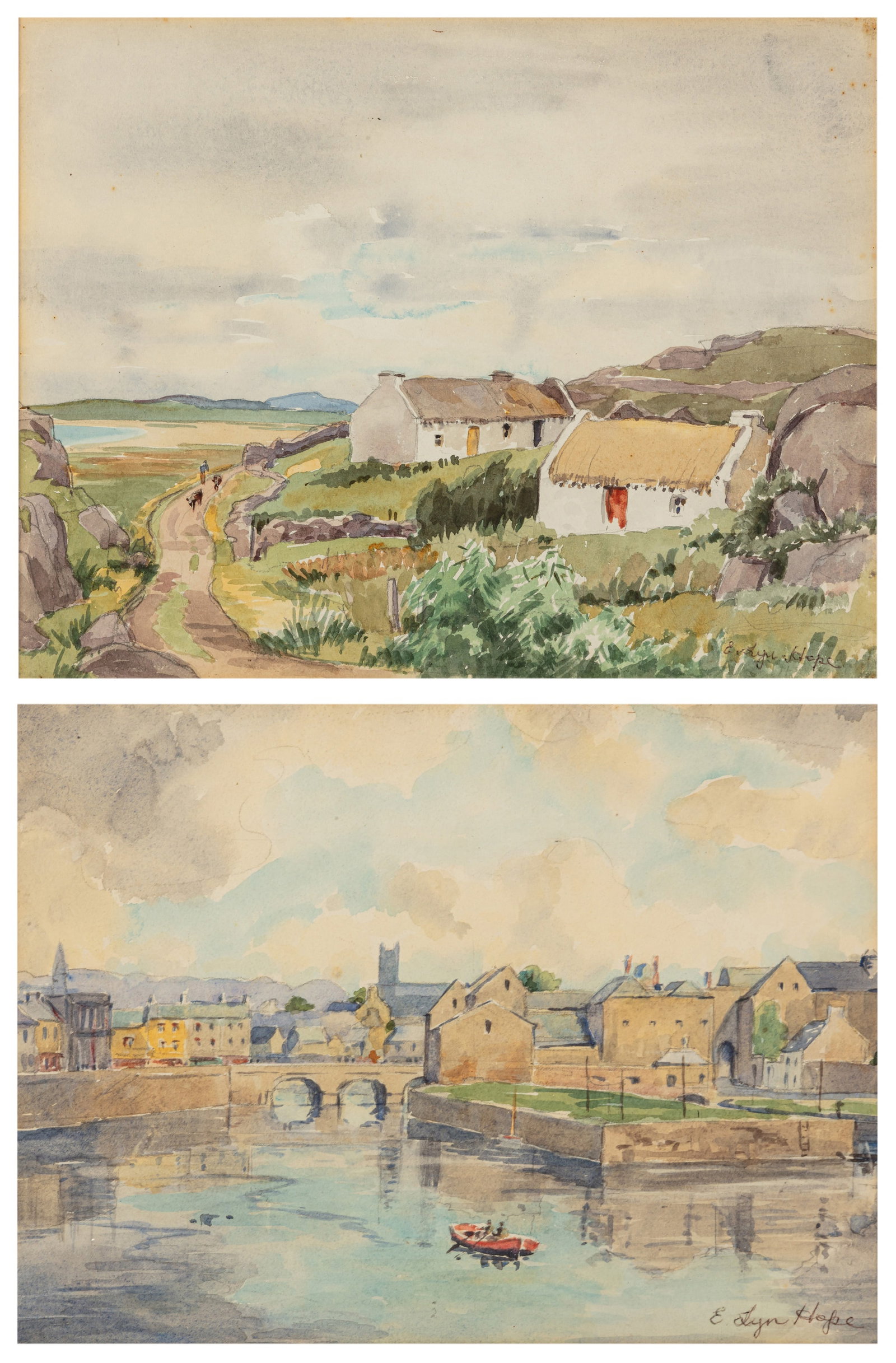 Eve Lyn Hope (British, 1938-1959) Two countryside landscapes: each signed 'E Lyn Hope' (lower right) watercolour Unframed: 23 x 28.5 cm. (9 x 11 1/4 in.) Framed: 39 x 42 cm. (15 3/8 x 16 1/4 in.) (2) This lot is not on display in our Barley Mow Gallery. If you w