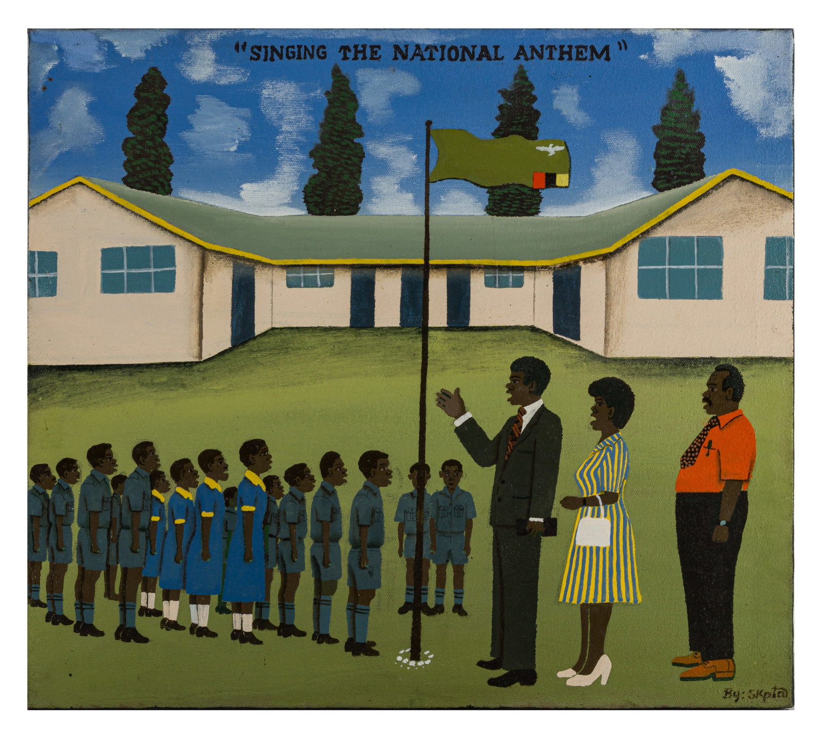 Stephen Kappata (Zambian, 1936-2007) Singing the national anthem: signed 'By: SKpta' (lower right) acrylic on canvas Unframed: 41 x 46 cm. (16 1/8 x 18 1/8 in.) This lot is not on display in our Barley Mow Gallery. If you would like to arrange a viewing, please emai