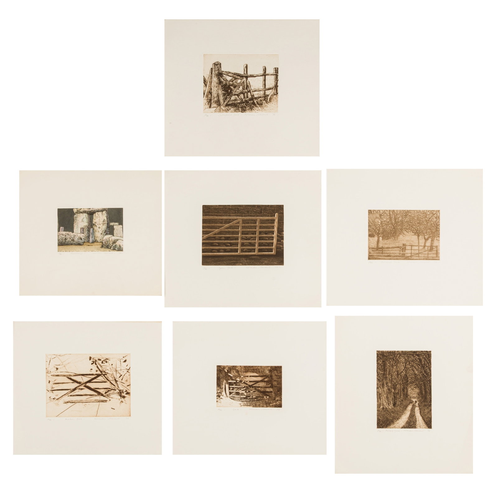 Norman Merens (British, 20th Century) Gate Studies and Stonehenge: 1976 each signed, titled, dated and numbered from editions of 40 and 25 in pencil seven etchings with aquatint on wove unframed ARR Size:(sheets 31.5 x 35.5cm, and 29 x 32.4cm) Qty: (7)