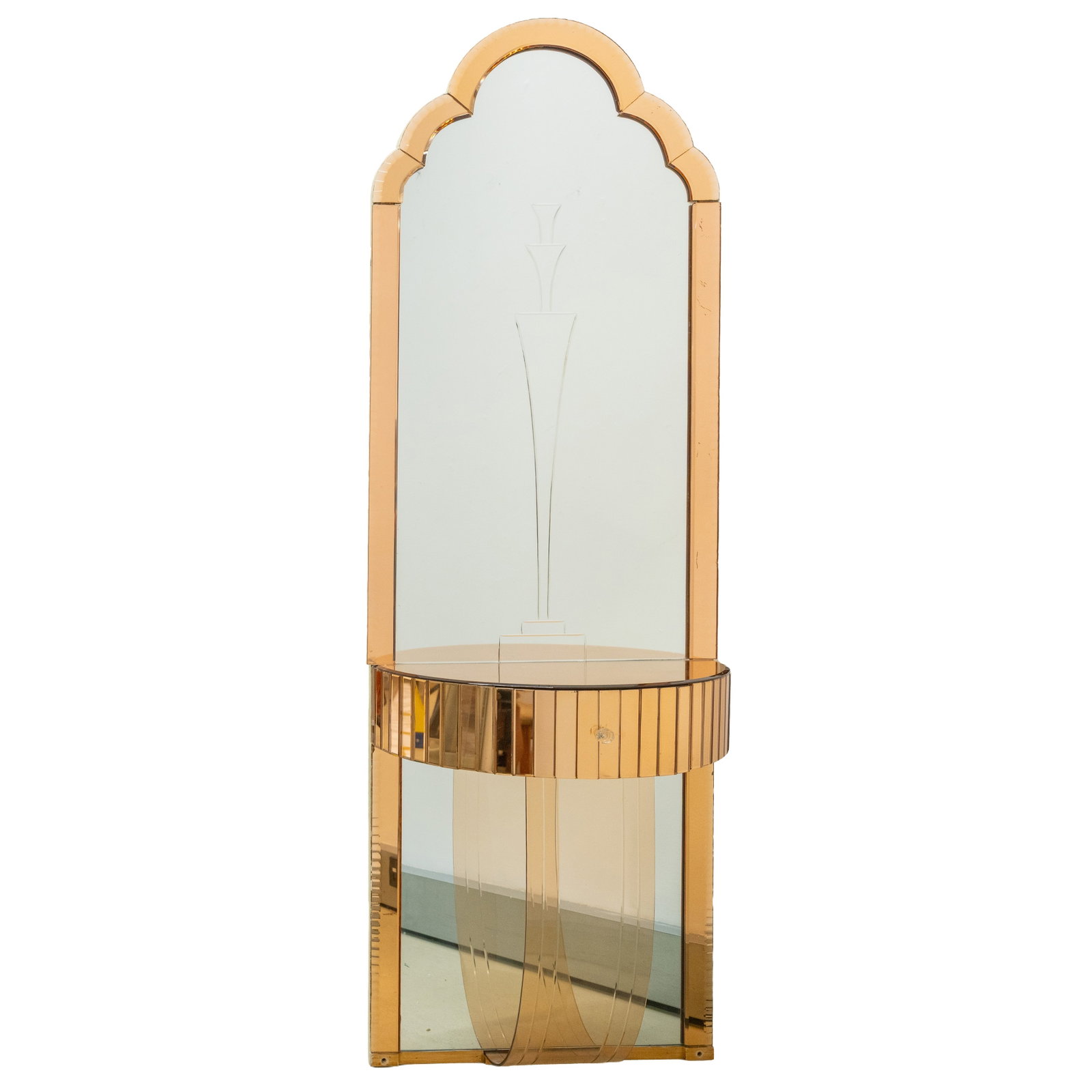 Art Deco, Europe Console/side table with pier mirror: Circa 1930s Peach glass, mirrored glass Unmarked 198cm high x 61cm wide x 30cm deep