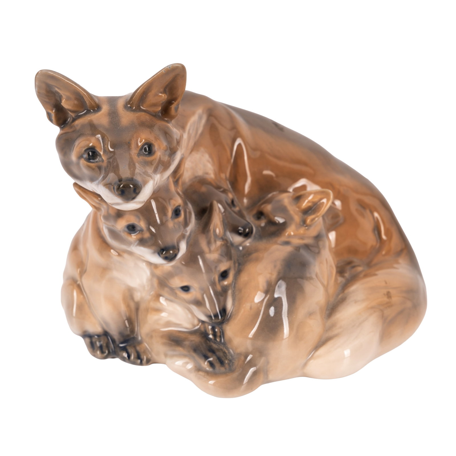 Royal Copenhagen Fox and Cubs sculptural group: Model number 1788 Glazed porcelain Printed factory stamp and model number to the underside 10.5cm high, approx 14cm wide