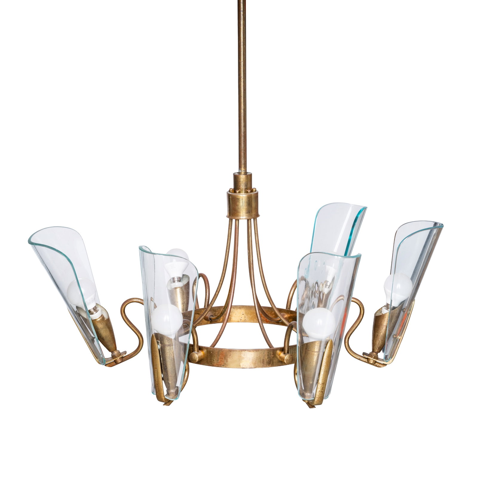 Stilux, Italy Six branch chandelier: Circa 1960s Polished brass, glass 101cm high Provenance: From a private Italian collection