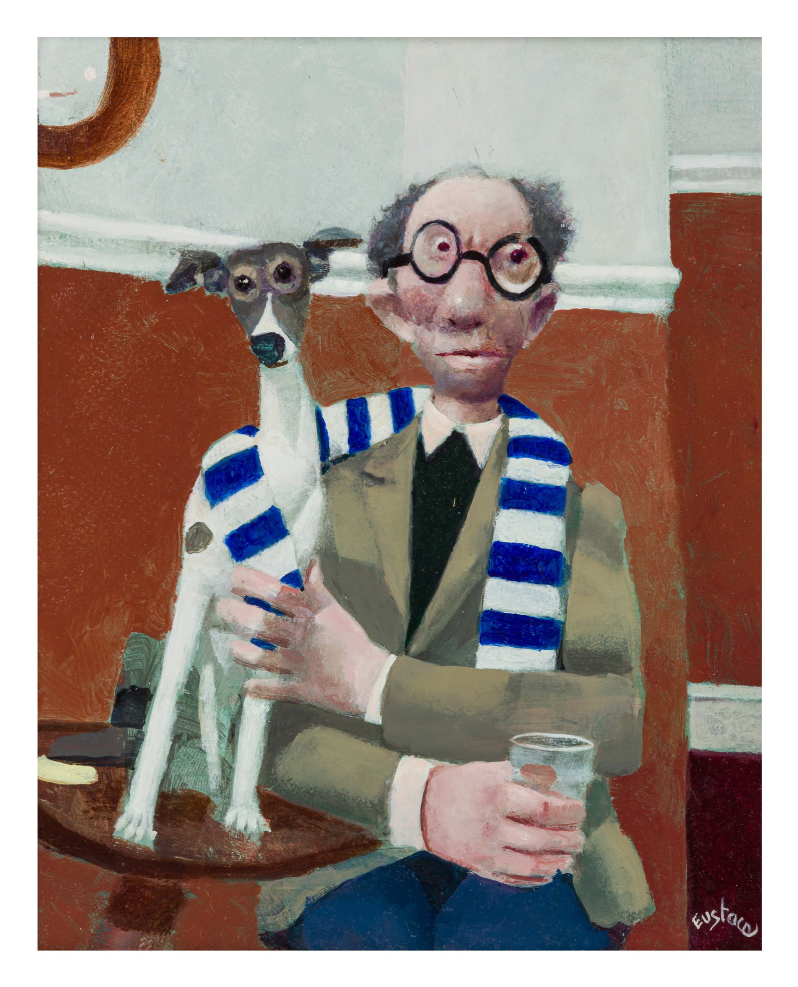 David Eustace R.B.A. (British, 1950-2020) A Tense Moment: signed 'Eustace' (lower right) oil on board Unframed: 24 x 20.2 cm. (9 1/2 x 8 in.) Framed: 35 x 31 cm. (13 3/4 x 12 1/4 in.) This lot is not on display in our Barley Mow Gallery. If you would like to