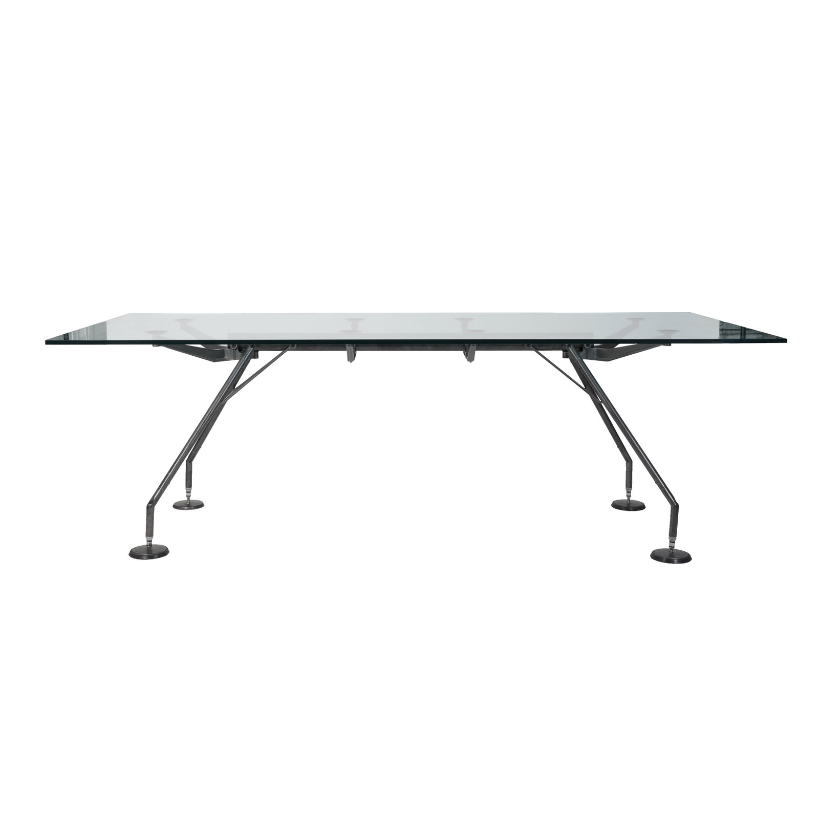 Norman Foster (British b.1935) for Tecno 'Nomos' table: Designed 1987 Glass, coated metal Moulded 'Tecno' mark to base 72cm high x 100cm deep x 220cm wide This lot is not on view. Please email the department to book a viewing appointment.