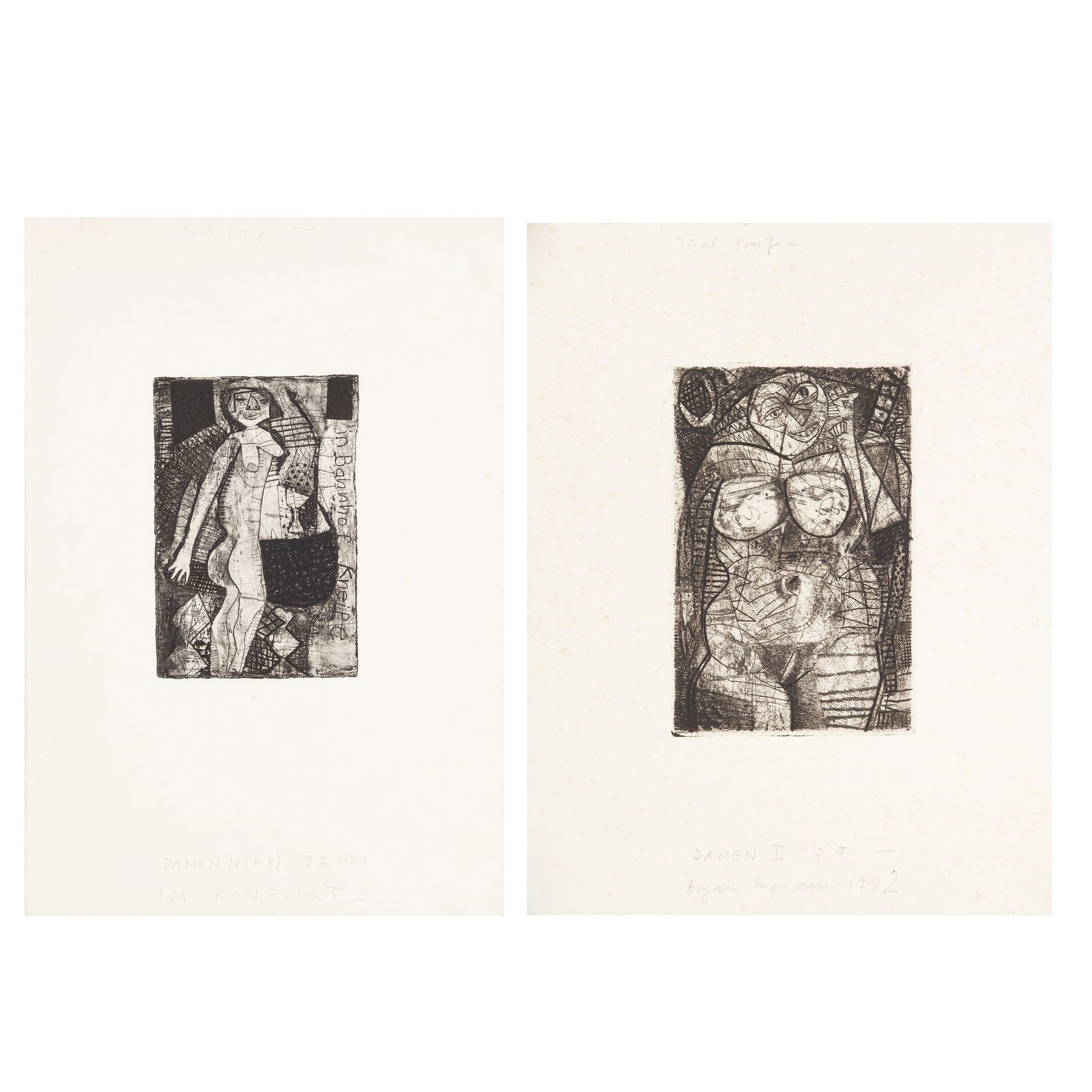 Bryan Ingham (British, 1936-1997) Damen II and Damen IV: 1982-3 each signed, dated, and inscribed in pencil each trial proofs two etchings with aquatint on wove unframed ARR Size:(sheets 33 x 25cm and 40.4 x 27.7cm) Qty: (2)