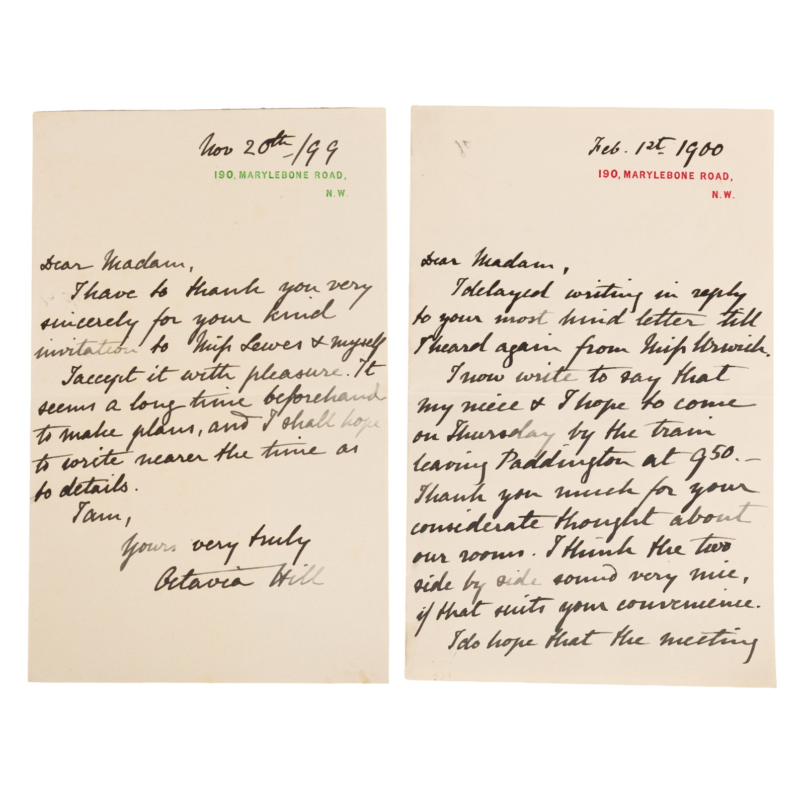 Hill (Octavia) Two autograph letters signed ("Octavia Hill"): Hill (Octavia) Two autograph letters signed ("Octavia Hill") Both letters to an unknown female recipient, the first one reading "I delayed writing in reply to your most kind letter till I heard again