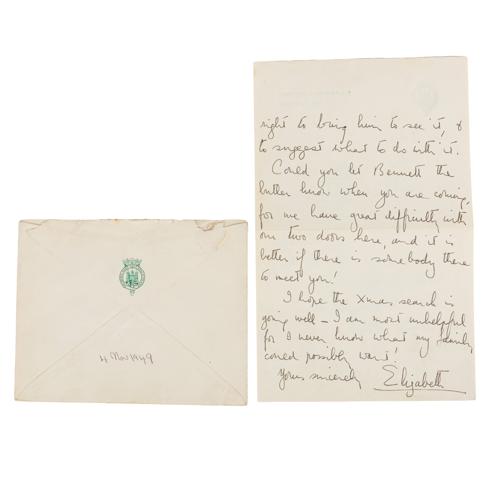 Elizabeth II, Queen of the United Kingdom Autograph letter signed as Princess Elizabeth, 1949 - 2