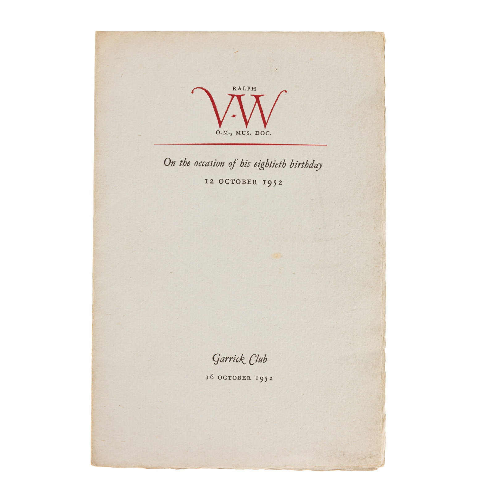 Vaughan Williams (Ralph) Signed menu,1952 - 2