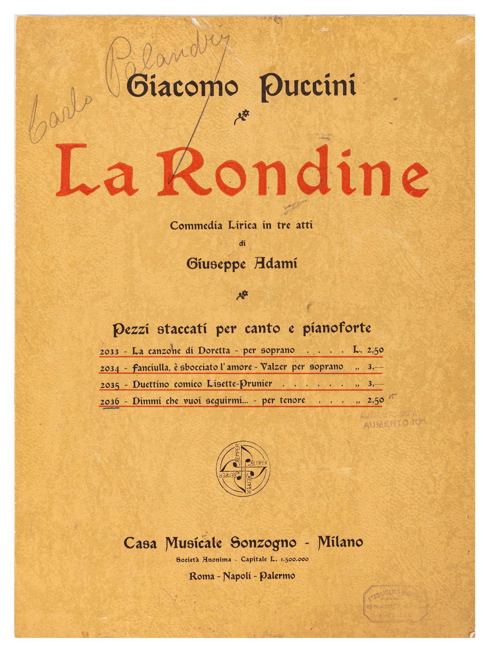 Puccini (Giacomo) Signed music score - 2