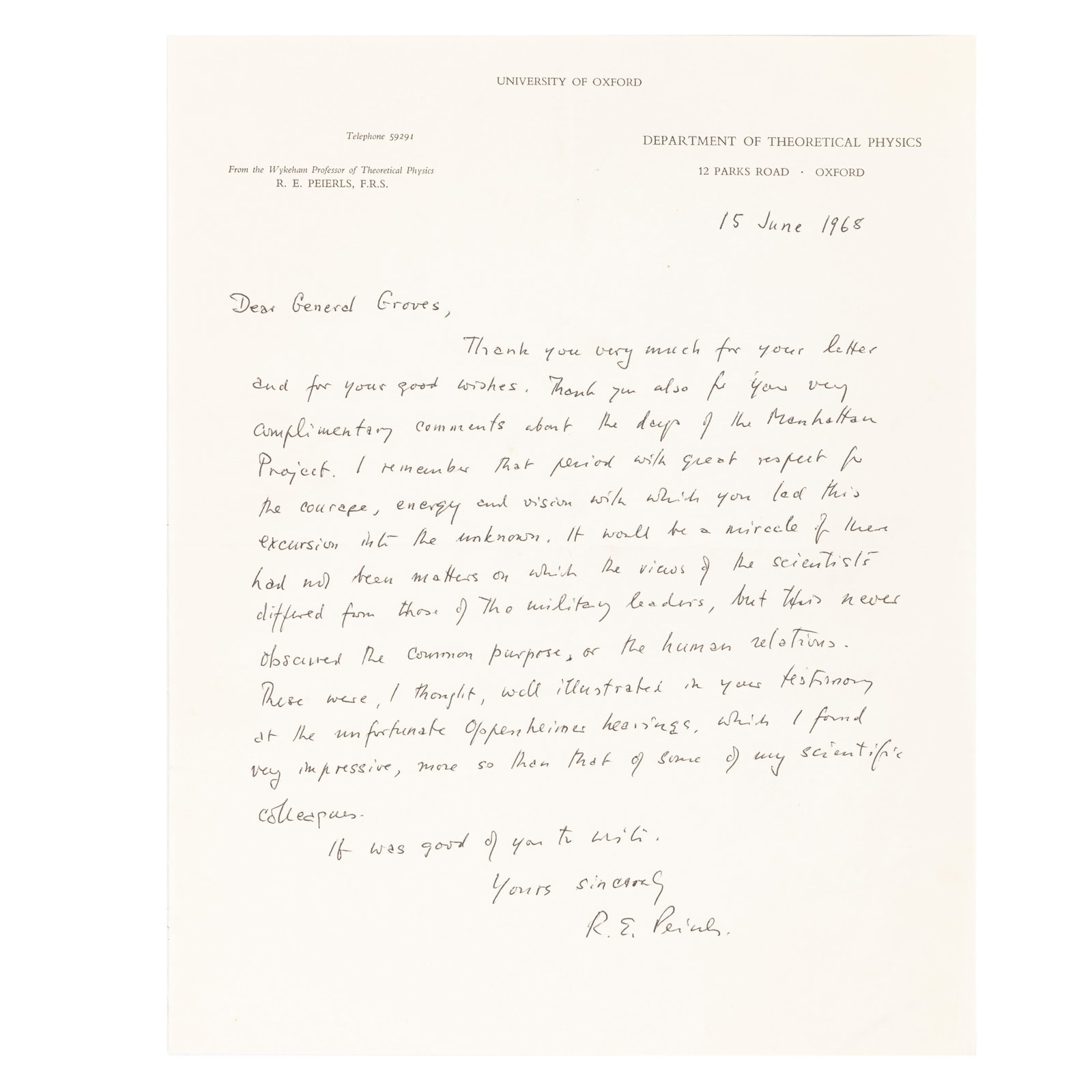 Peierls (Rudolf) Autograph letter signed to Gen. Leslie Groves (1 of 1)