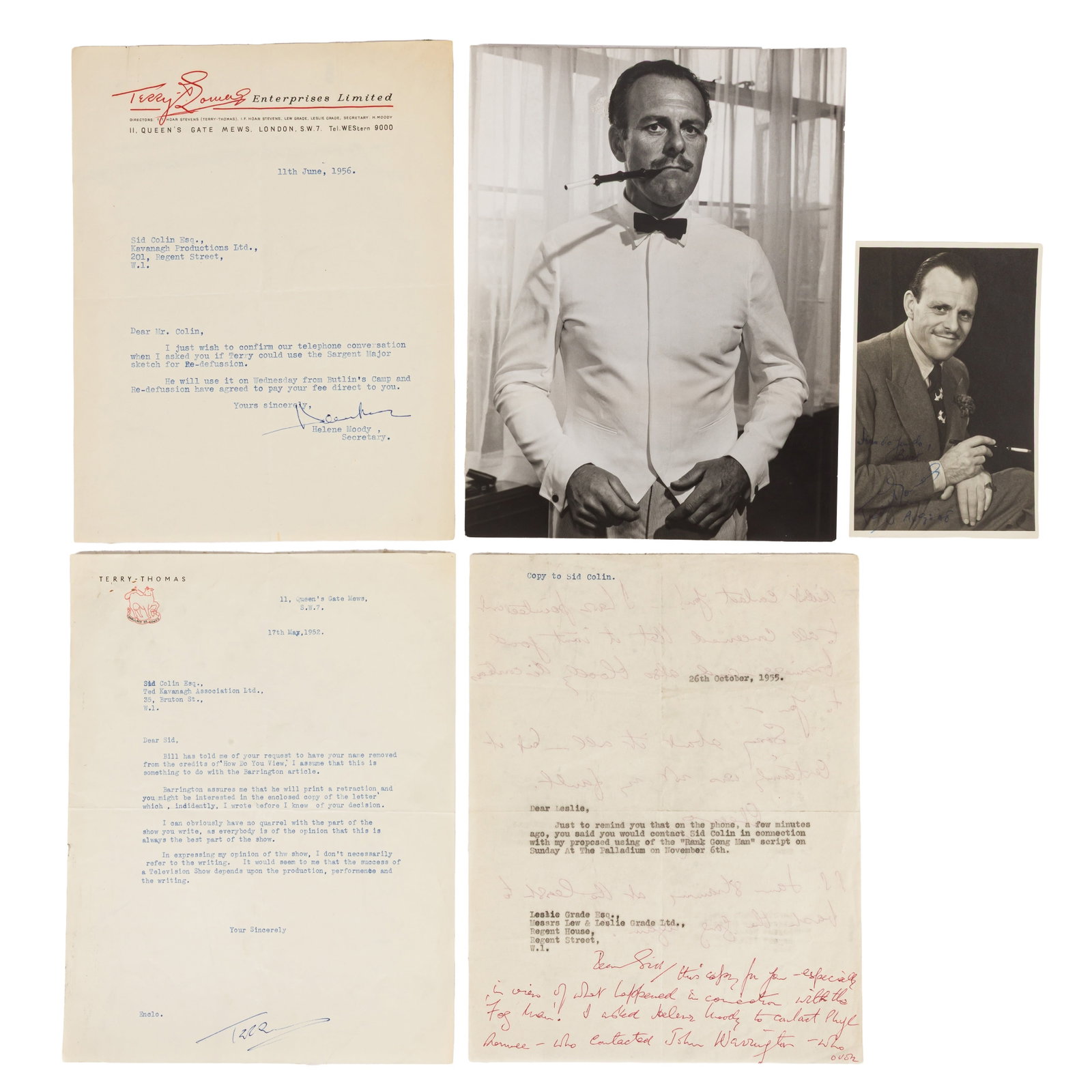 Thomas (Terry) Signed letters and photograph: Thomas (Terry) Signed letters and photograph Typed letter signed("Terry") to scriptwriter Sid Colin, on personalised stationery, saying "Bill has told me of your request to have your name removed