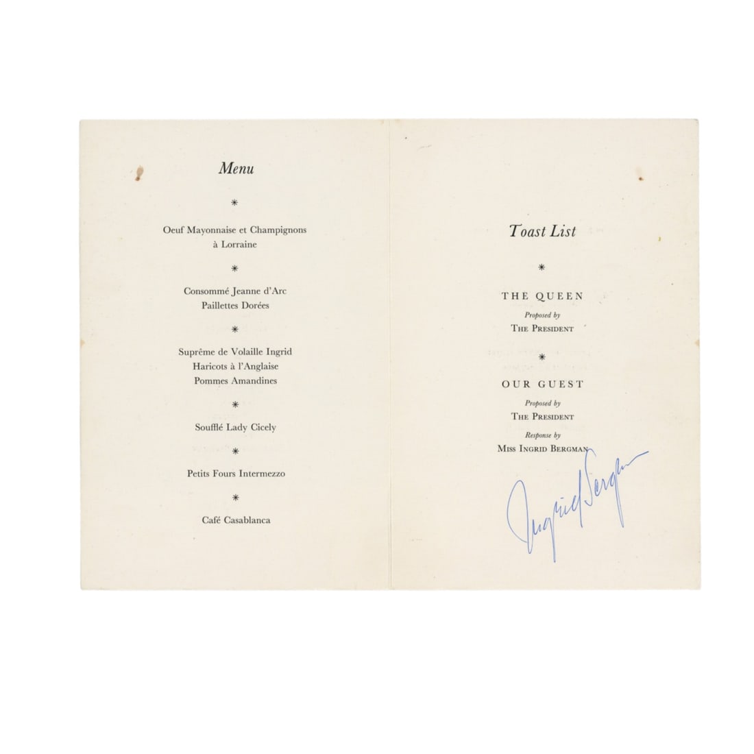 Bergman (Ingrid) Signed menu, 1971: Bergman (Ingrid) Signed menu, 1971 Souvenir menu for a "Special Dinner in honour of Miss Ingrid Bergman" at the Criterion Restaurant, 14 March 1971, signed on inner page by Ingrid Bergman in blue ball