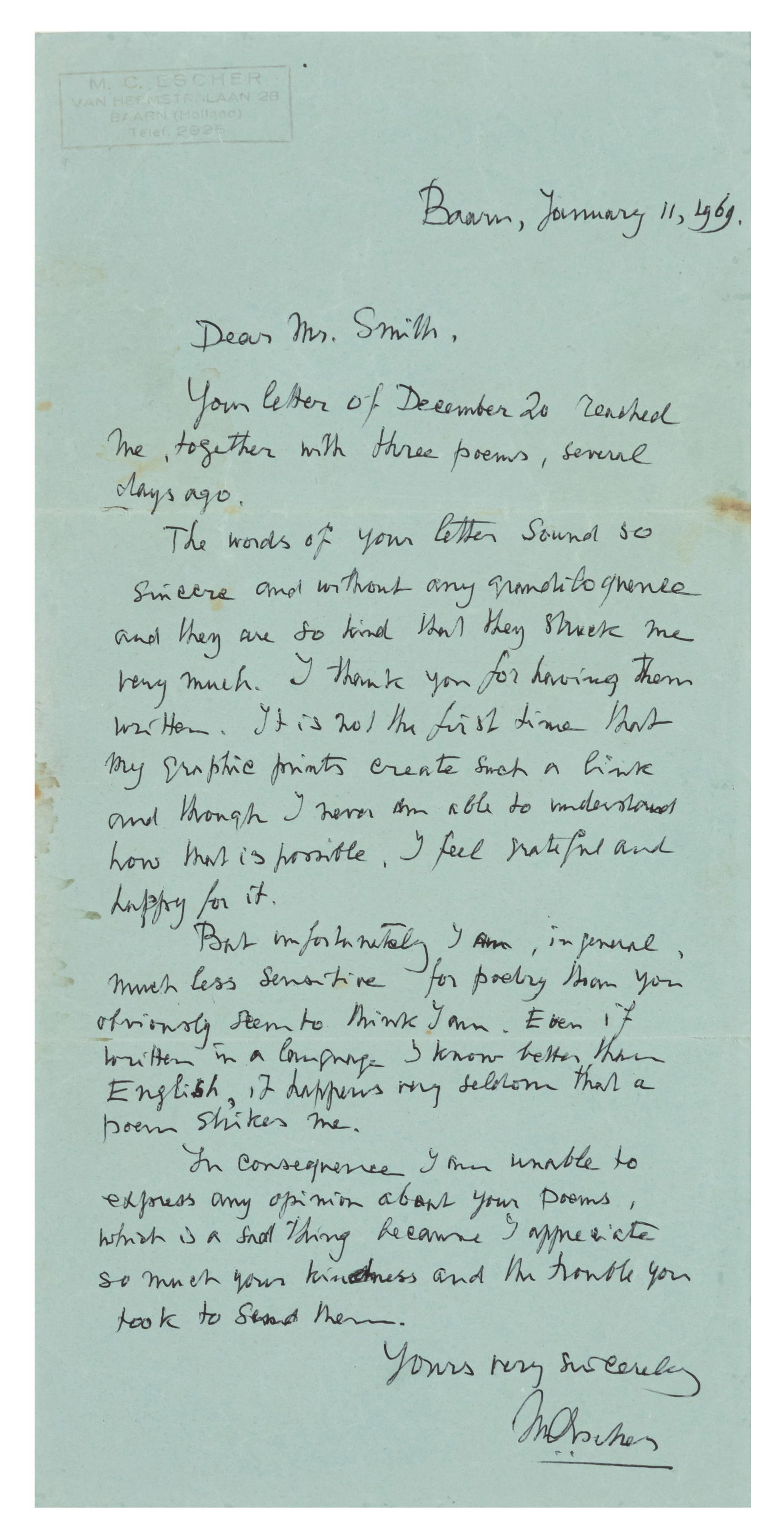Escher (Maurits Cornelis) Autograph letter signed ("MC Escher") - 2