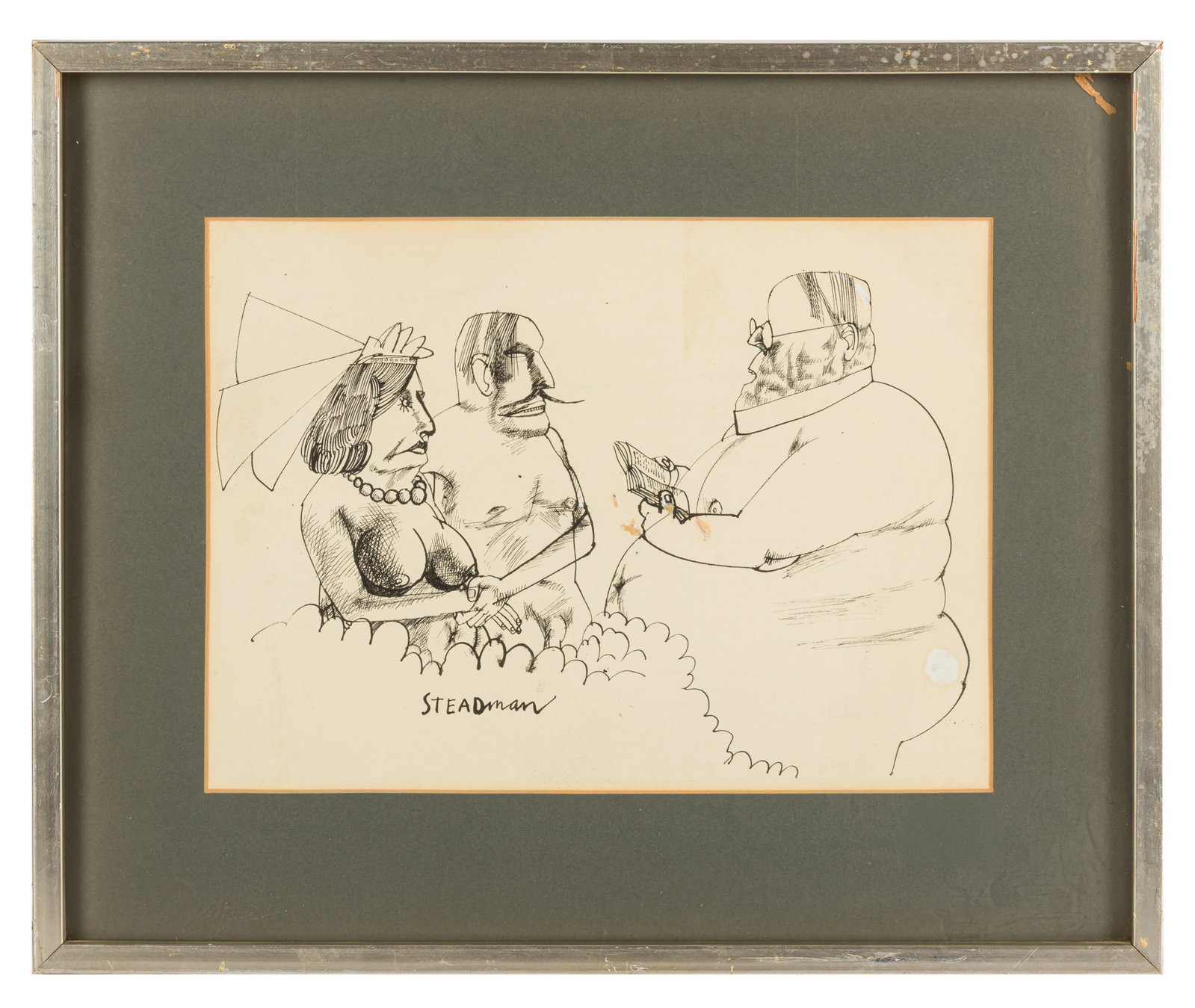 Steadman (Ralph) Original artwork: Steadman (Ralph) Original artwork Black ink sketch featuring the wedding of Adam and Eve being officiated by God, signed "Steadman", mounted, framed and glazed. Dimensions:16.5 x 20"/ 42 x 51cm