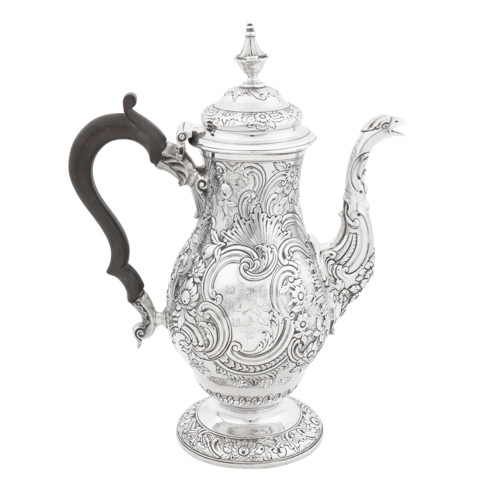Newcastle 1757 by William Partis (active 1733-59) A George II provincial sterling silver coffee pot: of baluster form upon a spreading circular foot, the cast and chased spout terminating in a stylised bird head, opposite a C scroll handle pinned to rocaille scroll junctions, leading to a hinged doub