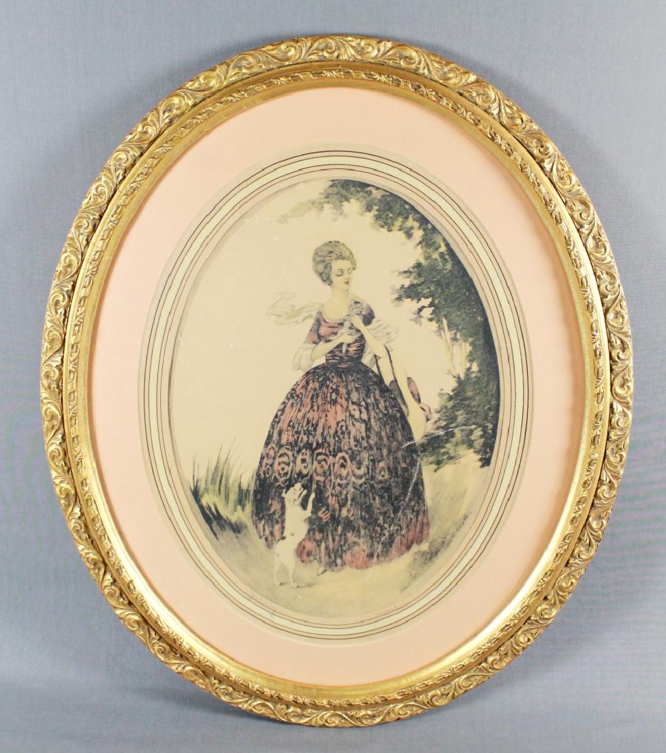 OVAL FRAMED PRINT OF A WOMAN WITH DOG AND CAT JEALOUSY" (1 of 4)