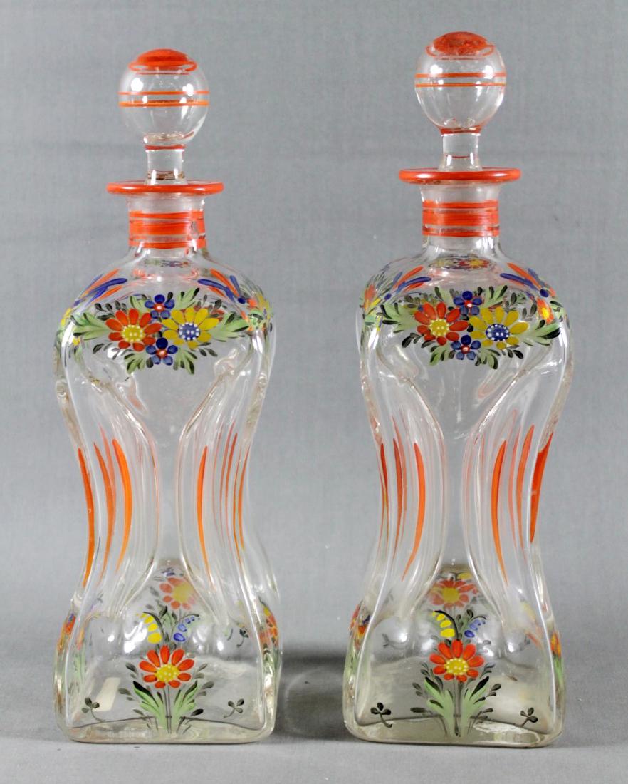 PAIR OF FRENCH HAND BLOWN ENAMEL DECORATED DECANTERS (1 of 3)