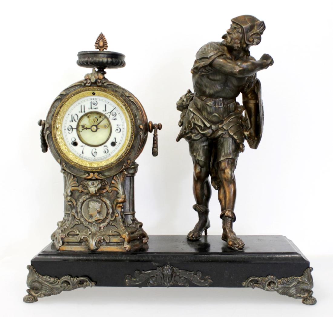 ANTIQUE SPELTER GLADIATOR MANTLE CLOCK (1 of 5)